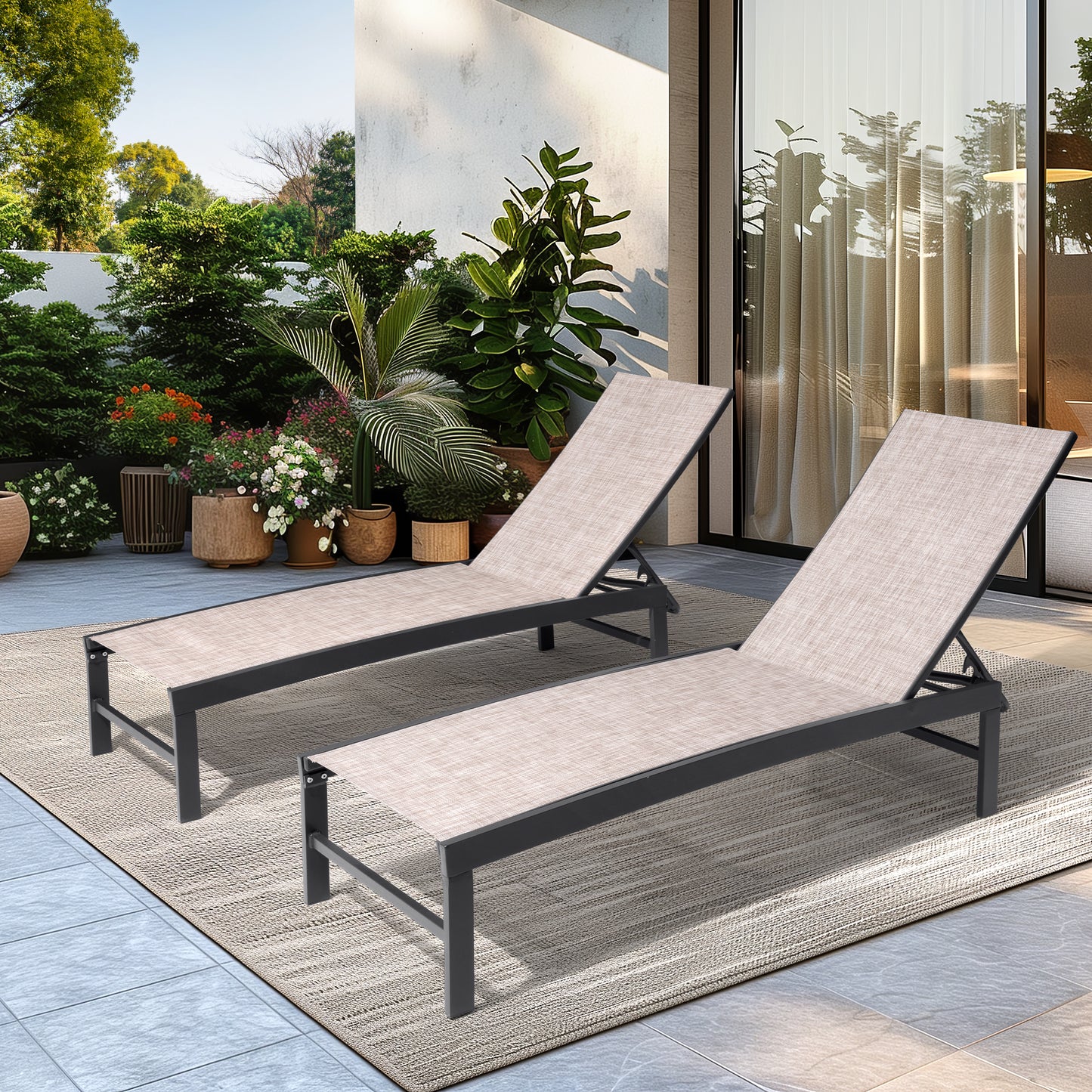Crestlive Products Set of 2 Outdoor Steel Frame Stationary Chaise Lounge Chairs Gray Mesh