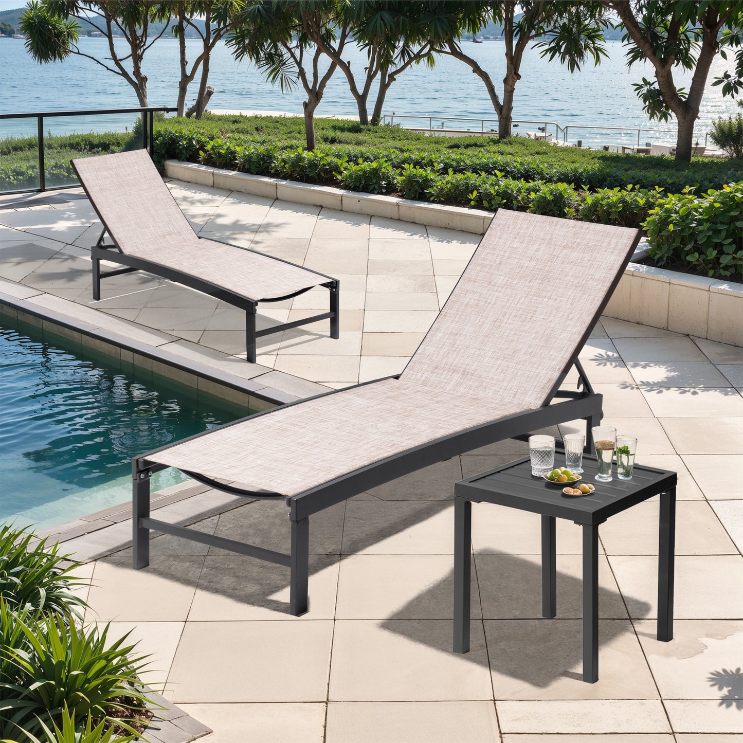 Crestlive Products Set of 2 Outdoor Steel Frame Stationary Chaise Lounge Chairs Gray Mesh