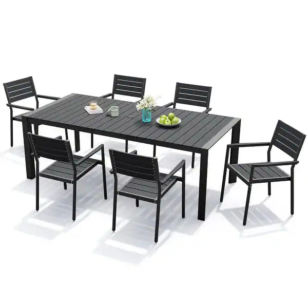 Crestlive Products 7-Piece Outdoor Aluminum Patio Dining Set with Umbrella Hole Table and Stackable Armrest Chairs