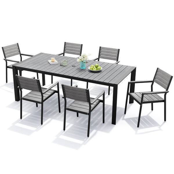 Crestlive Products 7-Piece Outdoor Patio Dining Set with Rectangle Table, Umbrella Hole, and Stackable Chairs