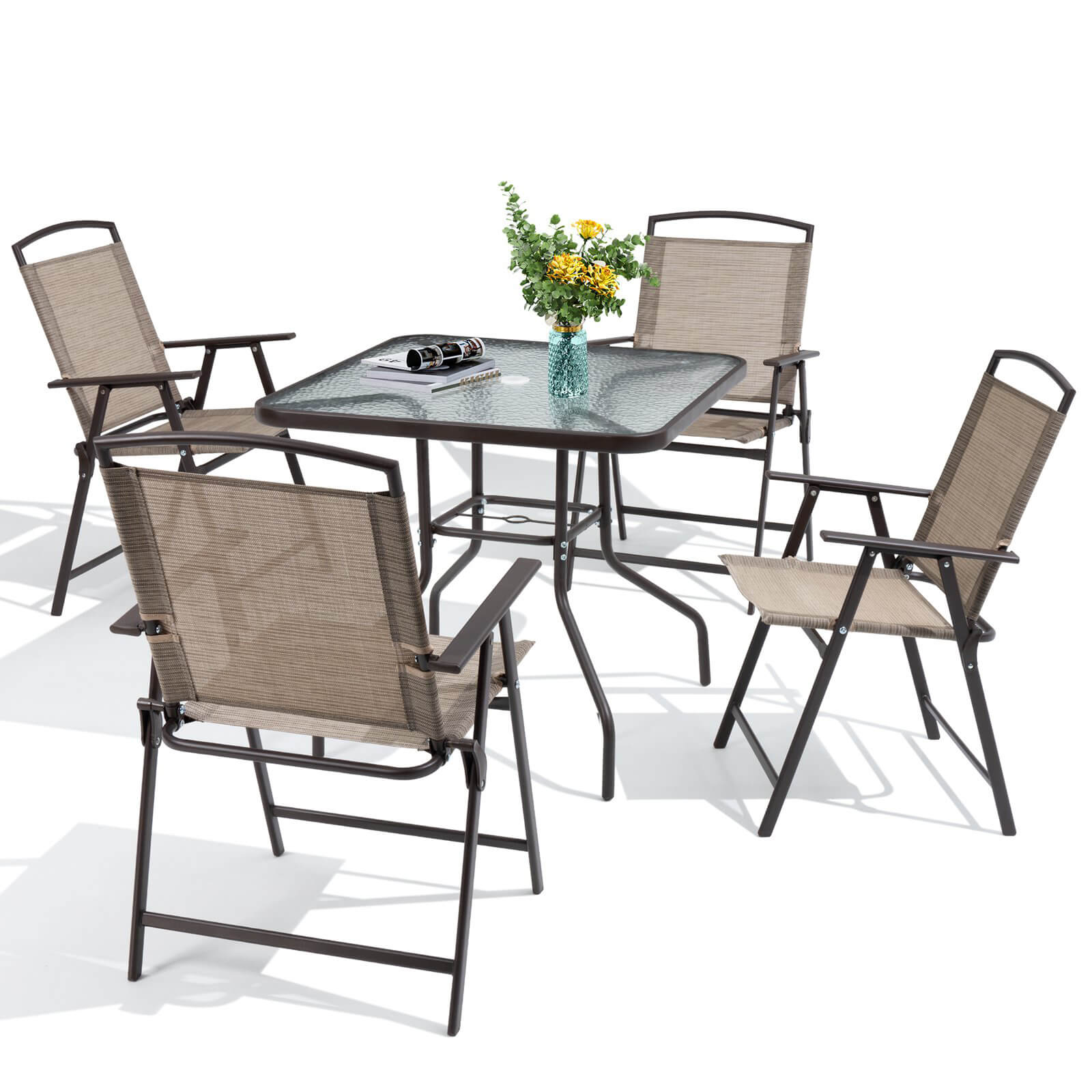 5-Pc Patio Dining Set w/ Umbrella Hole & Folding Chairs