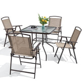 5-Piece Square Patio Dining Set with Glass Table & Folding Chairs (w/ Umbrella Hole)