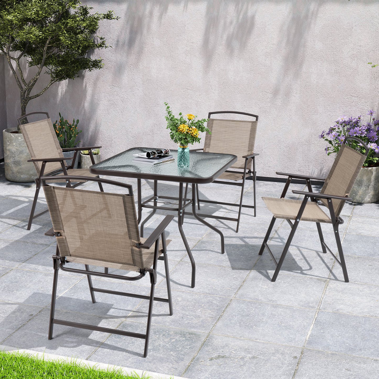 Crestlive Products 5-Piece Outdoor Patio Dining Set with Tempered Glass Square Table and Folding Chairs