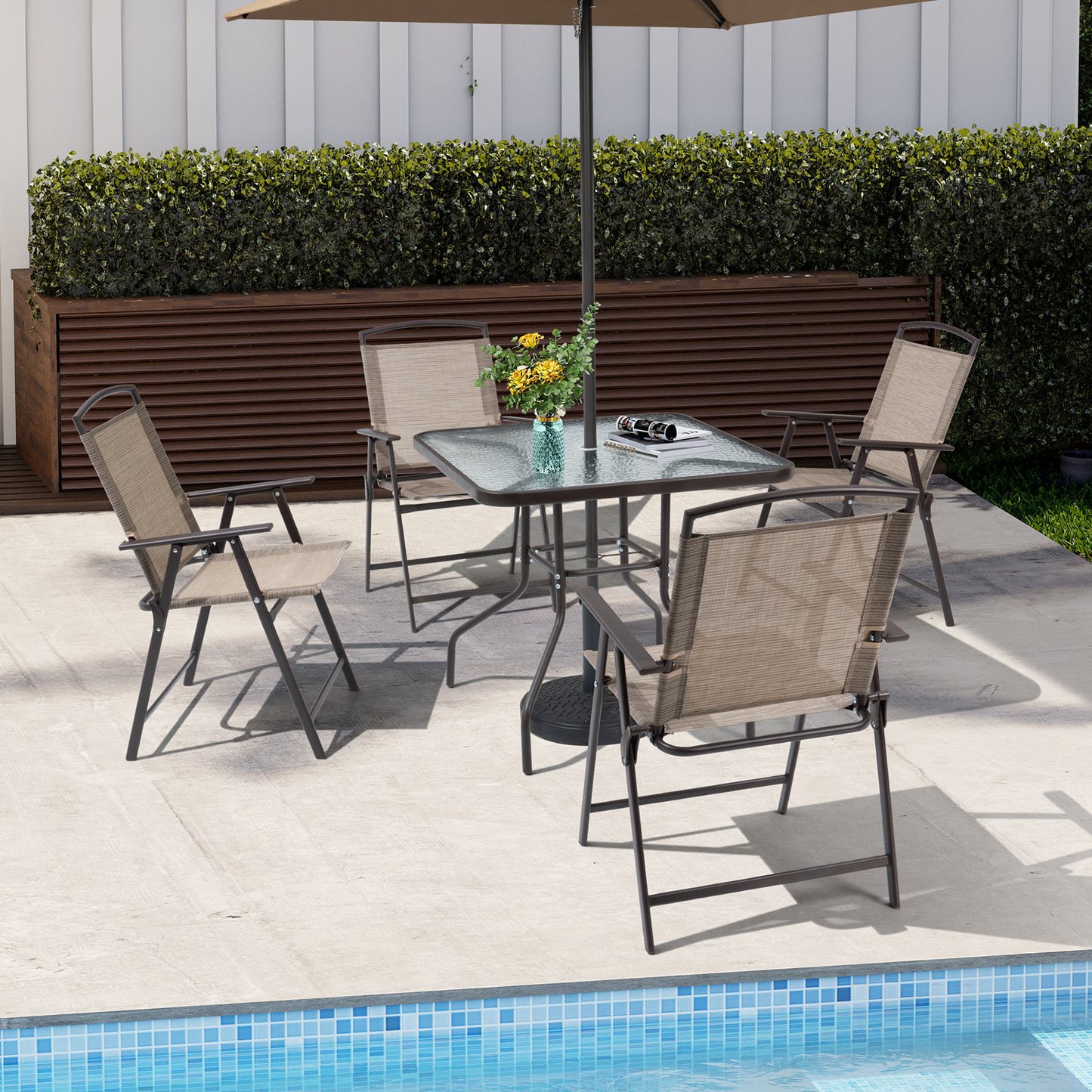 Crestlive Products 5-Piece Outdoor Patio Dining Set with Tempered Glass Square Table and Folding Chairs