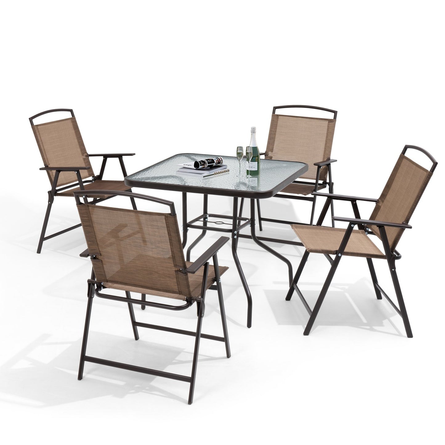 Crestlive Products 5-Piece Outdoor Patio Dining Set with Tempered Glass Square Table and Folding Chairs