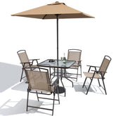 Crestlive Products 6-Piece Outdoor Patio Dining Set with Square Tempered Glass Table, Folding Chairs, and Umbrella