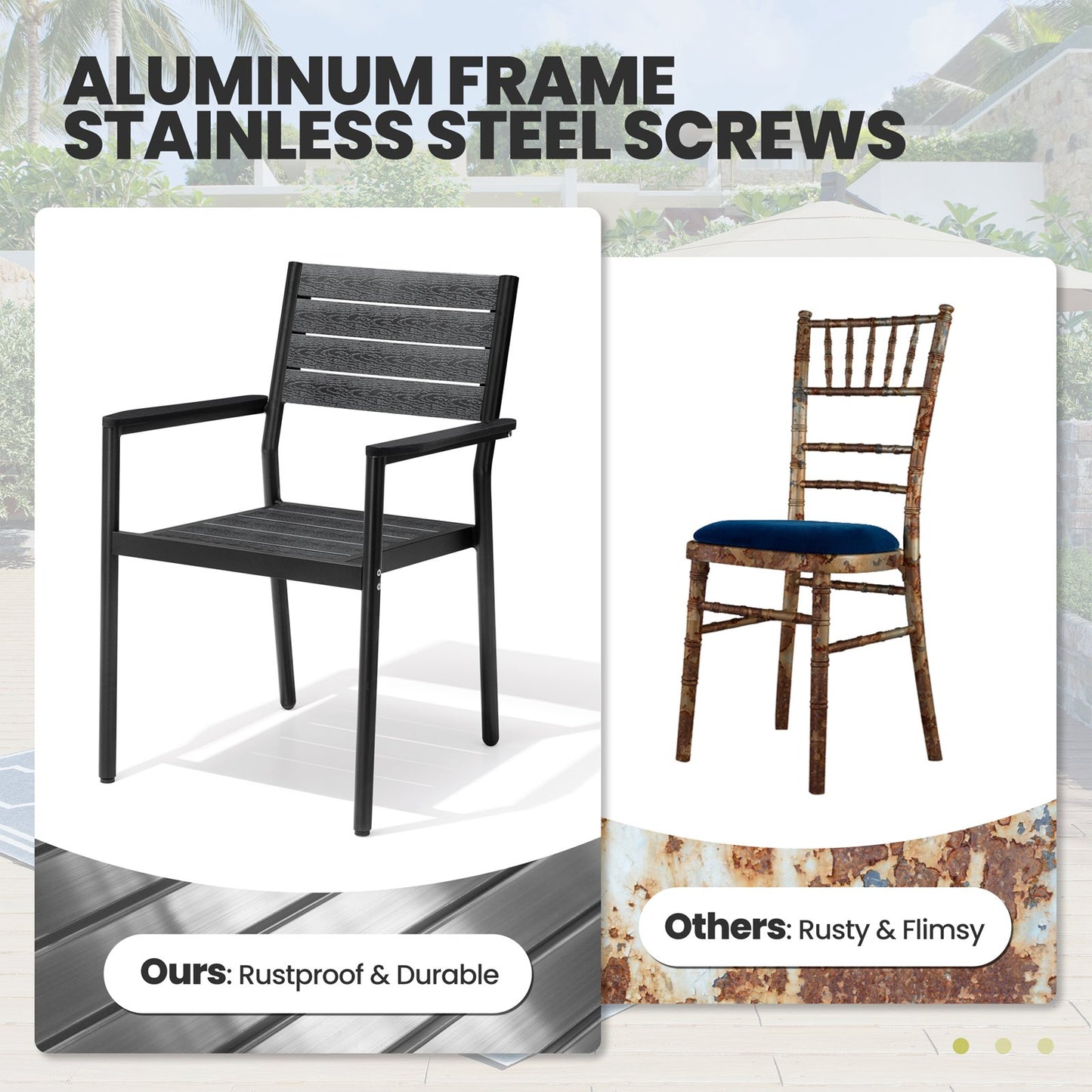 Crestlive Products Outdoor Patio Dining Table Set with Aluminum Frame and Stackable Rectangle Chairs