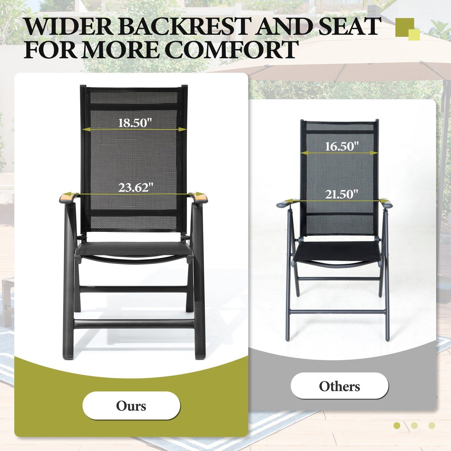 Crestlive Products Outdoor Adjustable Aluminum Folding Chairs Set of 2 Black Metal Frame Stationary Dining Chair with Black Mesh Seat