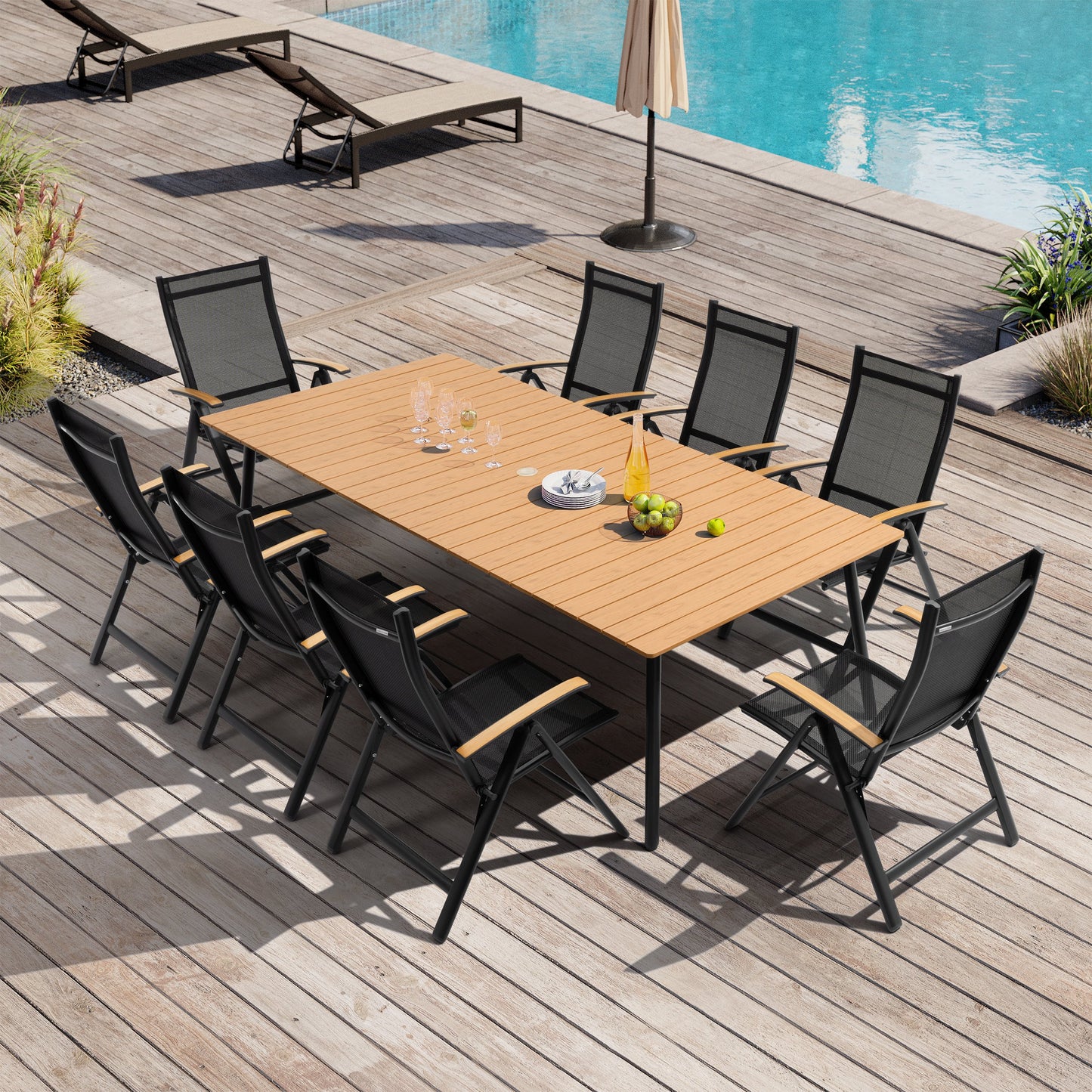 Crestlive Products Outdoor Adjustable Aluminum Folding Chairs Set of 2 Black Metal Frame Stationary Dining Chair with Black Mesh Seat