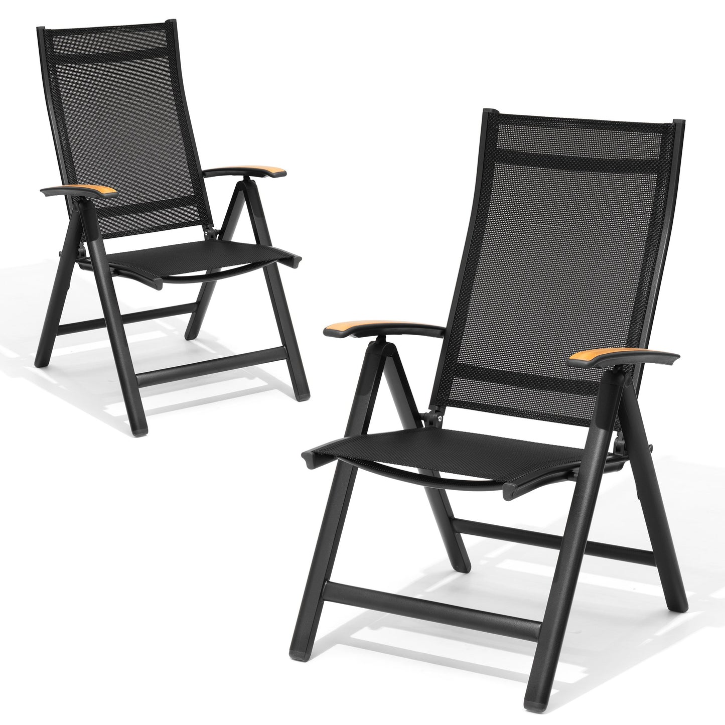 Crestlive Products Outdoor Adjustable Aluminum Folding Chairs Set of 2 Black Metal Frame Stationary Dining Chair with Black Mesh Seat
