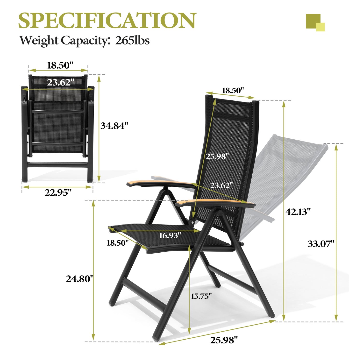Crestlive Products Outdoor Adjustable Aluminum Folding Chairs Set of 2 Black Metal Frame Stationary Dining Chair with Black Mesh Seat
