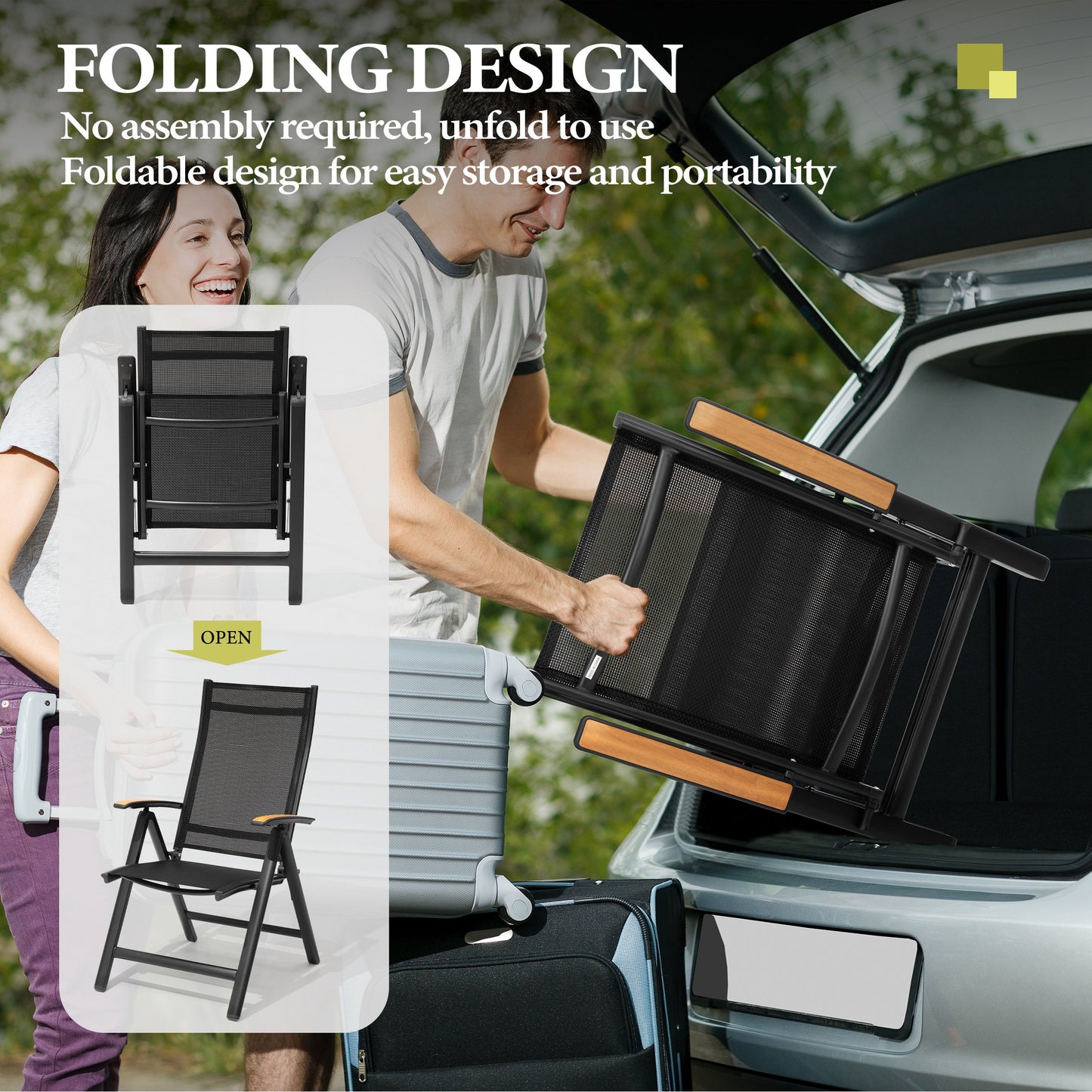 Crestlive Products Outdoor Adjustable Aluminum Folding Chairs Set of 2 Black Metal Frame Stationary Dining Chair with Black Mesh Seat
