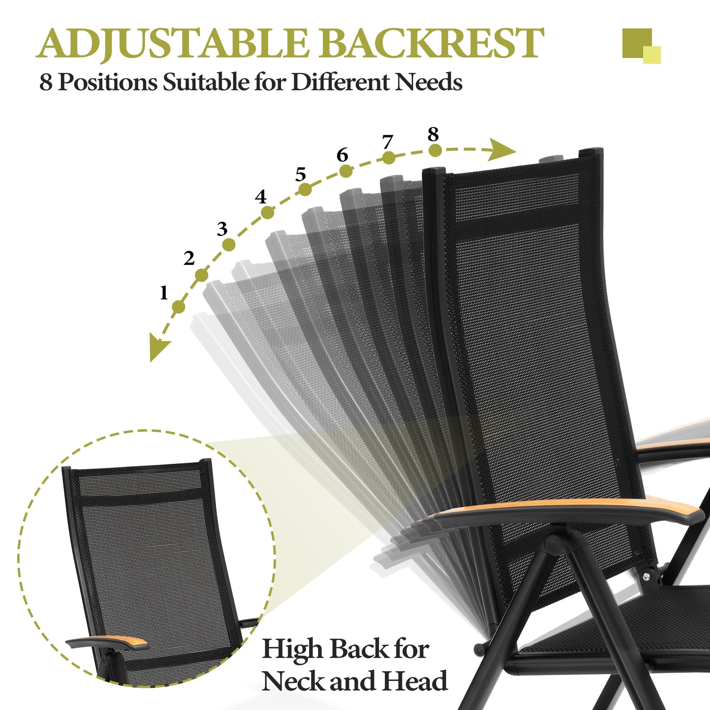 Crestlive Products Outdoor Adjustable Aluminum Folding Chairs Set of 2 Black Metal Frame Stationary Dining Chair with Black Mesh Seat