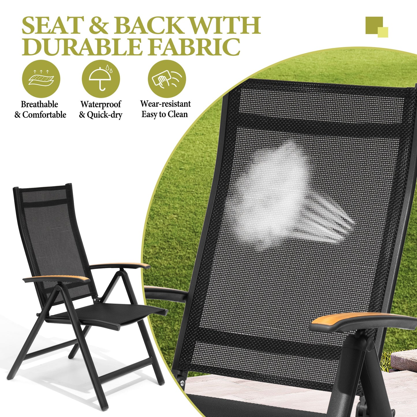 Crestlive Products Outdoor Adjustable Aluminum Folding Chairs Set of 2 Black Metal Frame Stationary Dining Chair with Black Mesh Seat