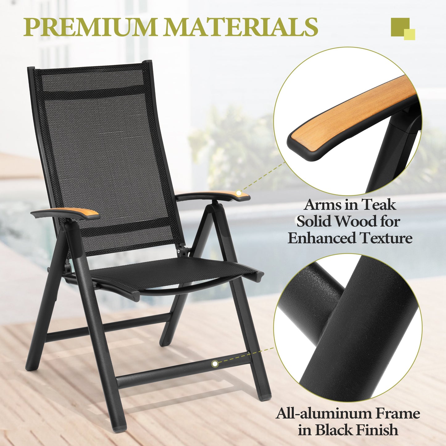 Crestlive Products Outdoor Adjustable Aluminum Folding Chairs Set of 2 Black Metal Frame Stationary Dining Chair with Black Mesh Seat