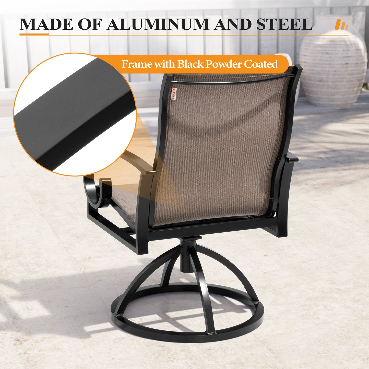 Crestlive Products Swivel Sunbrella Textilene Sling Steel Aluminum Frame Outdoor Dining Chair Set of 2