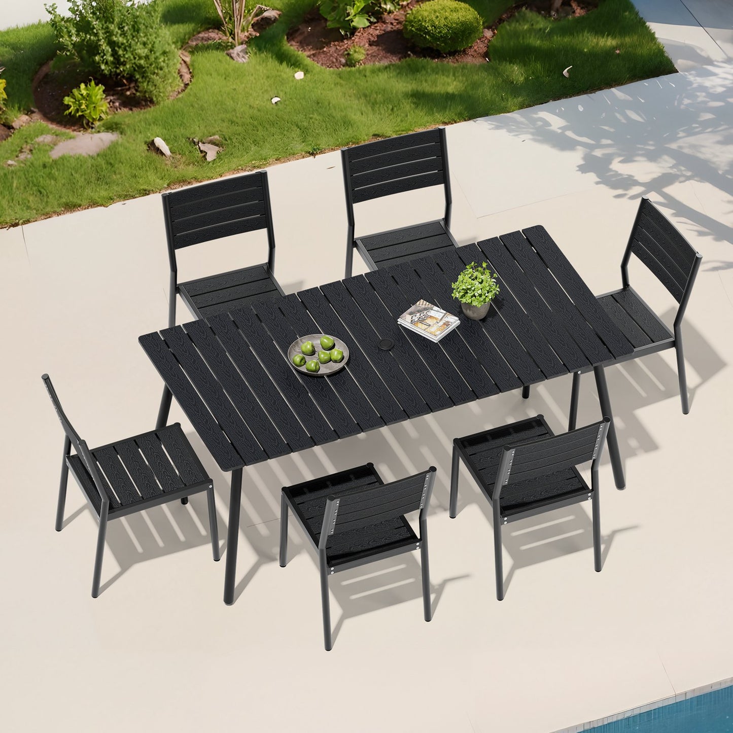 Crestlive Products 7-Piece Outdoor Dining Set Aluminum Frame Wood-Plastic Composite Table with Stackable Chairs