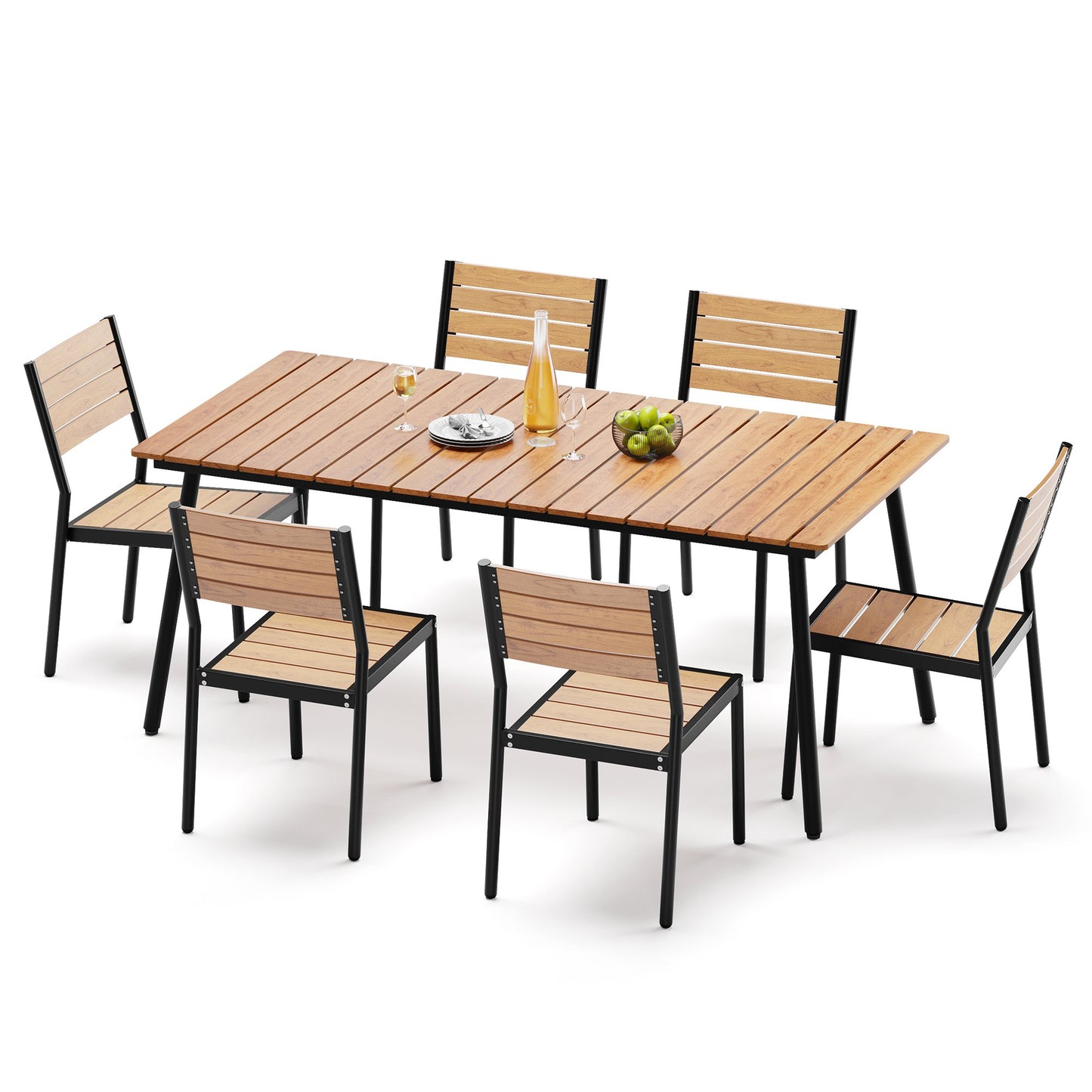 Crestlive Products 7-Piece Outdoor Dining Set Aluminum Frame Wood-Plastic Composite Table with Stackable Chairs
