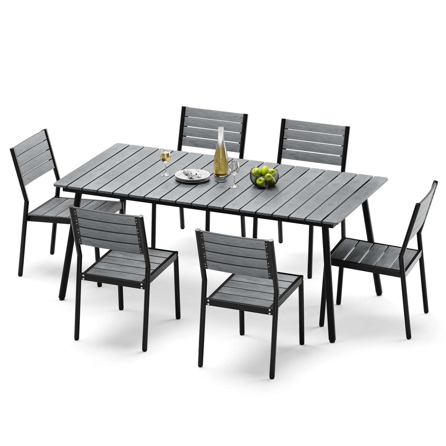 Crestlive Products 7-Piece Outdoor Dining Set Aluminum Frame Wood-Plastic Composite Table with Stackable Chairs