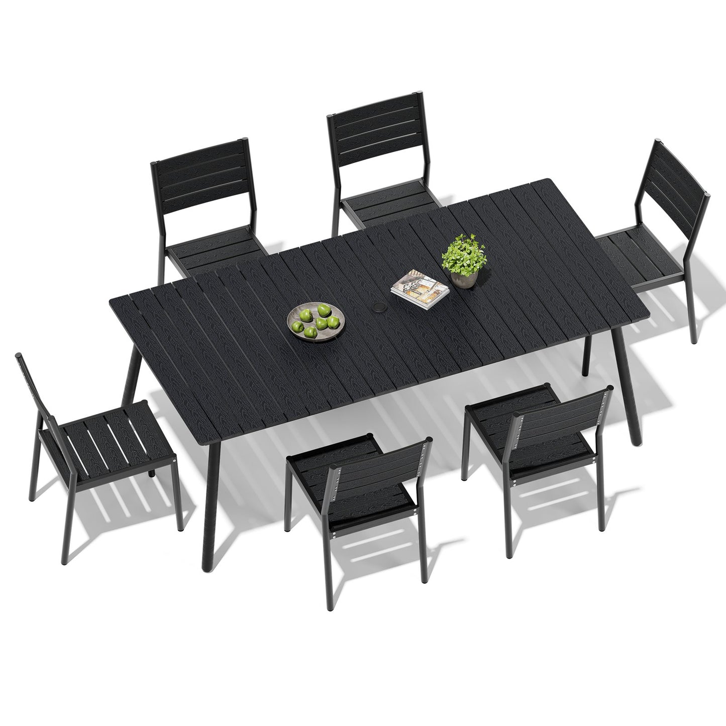 Crestlive Products 7-Piece Outdoor Dining Set Aluminum Frame Wood-Plastic Composite Table with Stackable Chairs