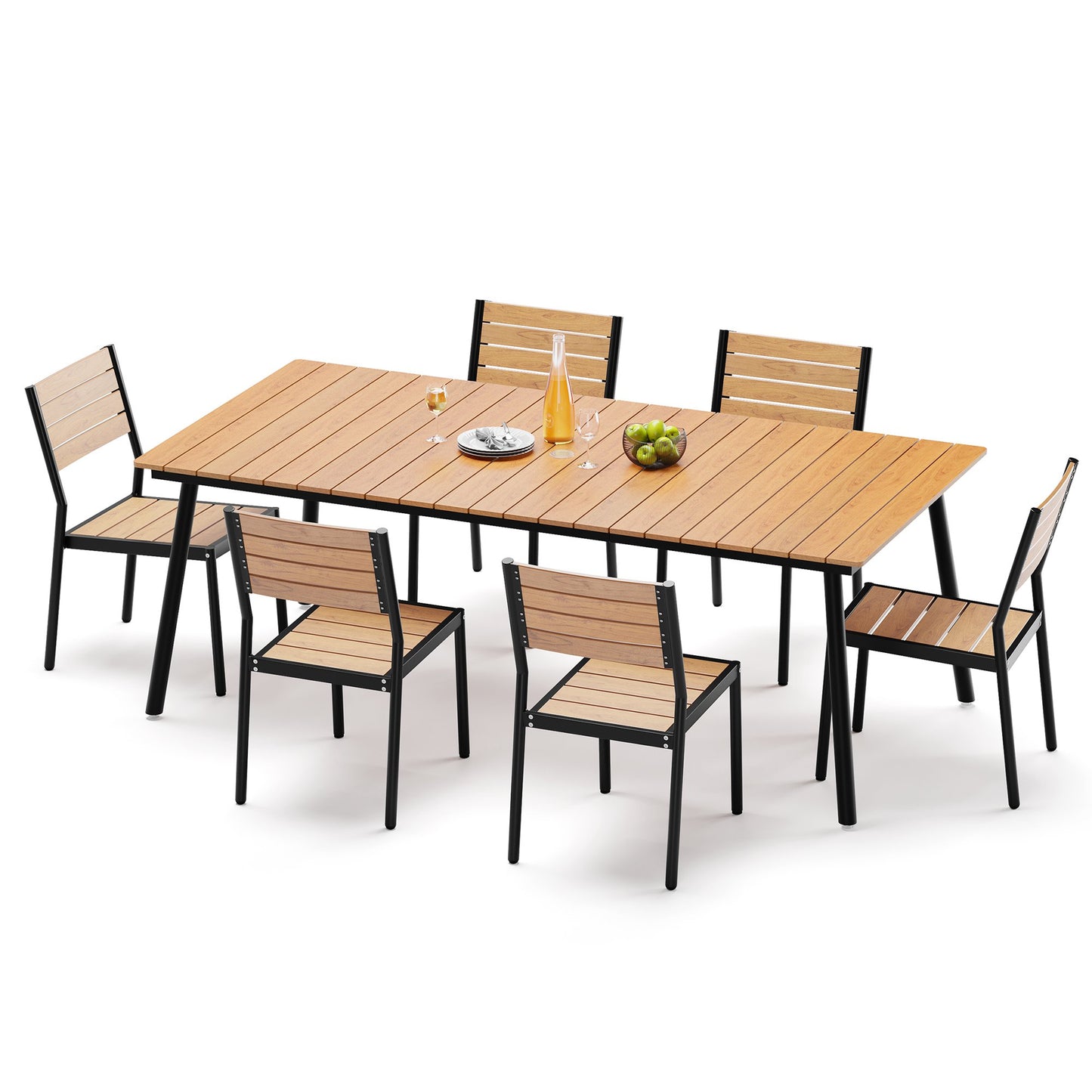 Crestlive Products 7-Piece Outdoor Dining Set Aluminum Frame Wood-Plastic Composite Table with Stackable Chairs
