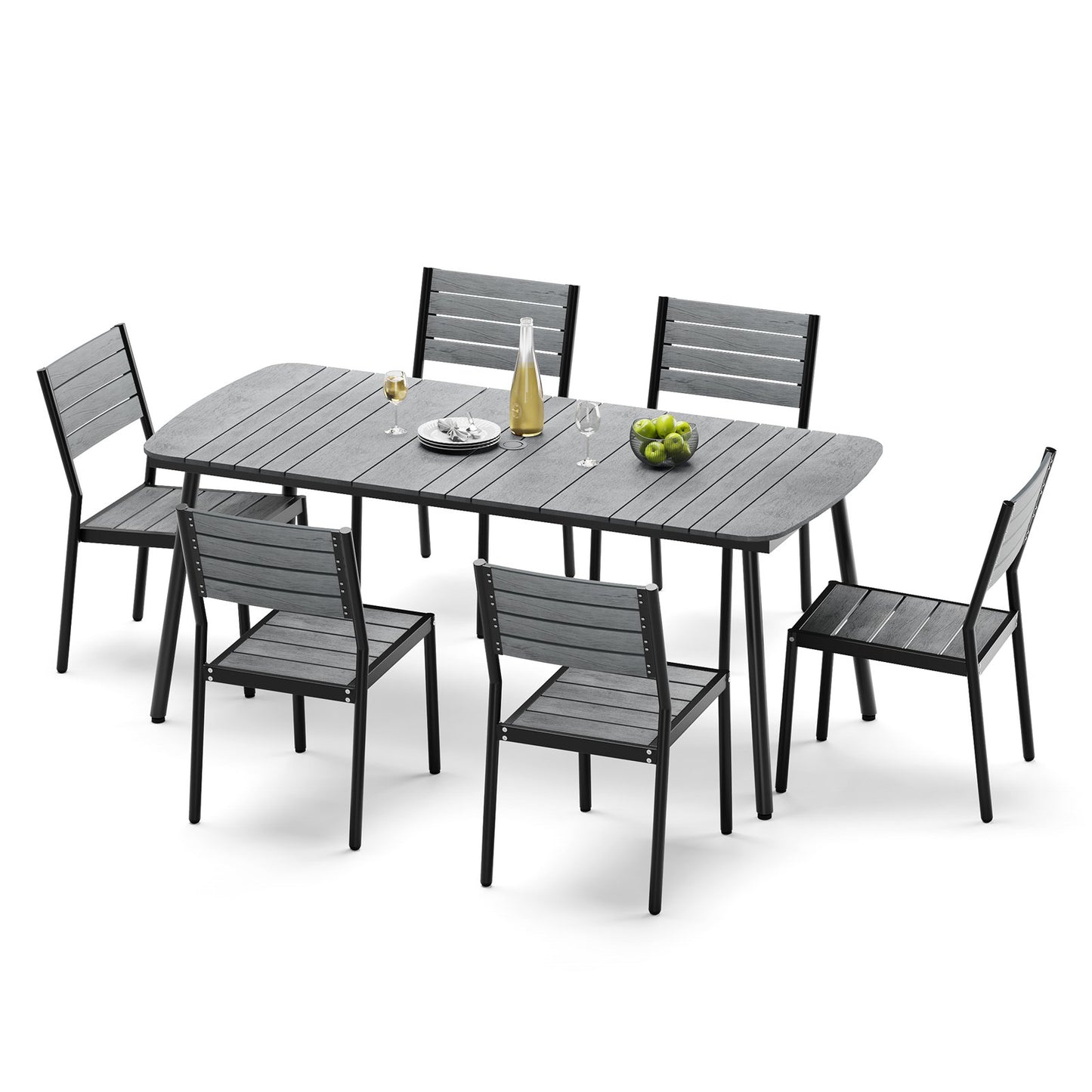 Crestlive Products Aluminum Patio Dining Set with Slat Rectangle Table, Umbrella Hole, and Stacking Chairs