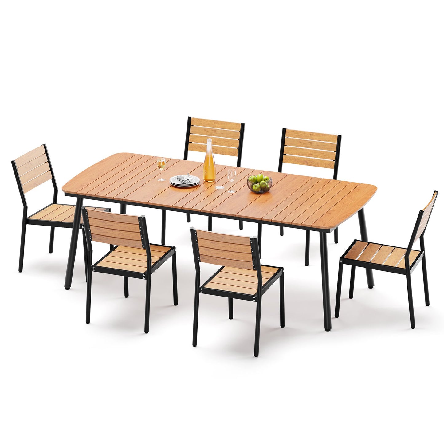Crestlive Products Aluminum Patio Dining Set with Slat Rectangle Table, Umbrella Hole, and Stacking Chairs