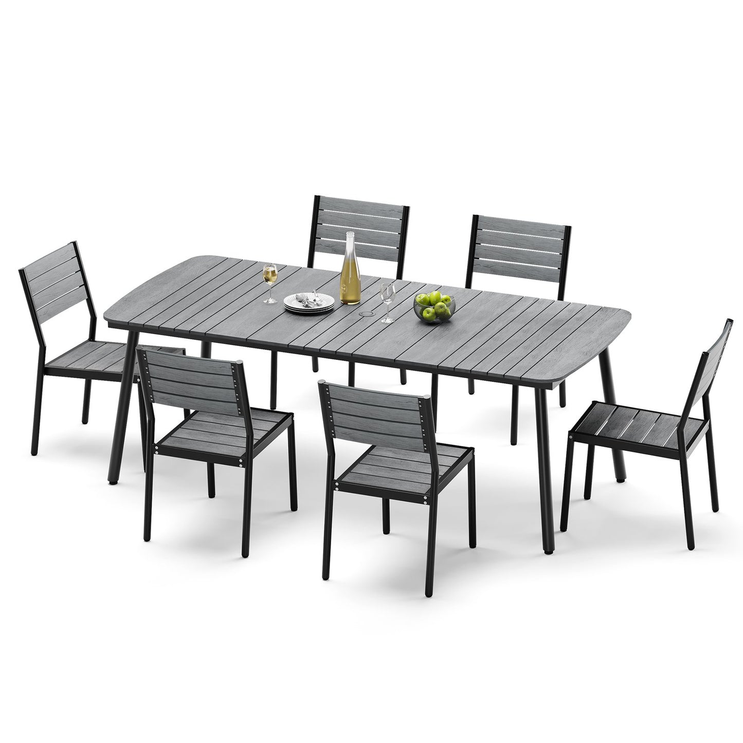 Crestlive Products Aluminum Patio Dining Set with Slat Rectangle Table, Umbrella Hole, and Stacking Chairs