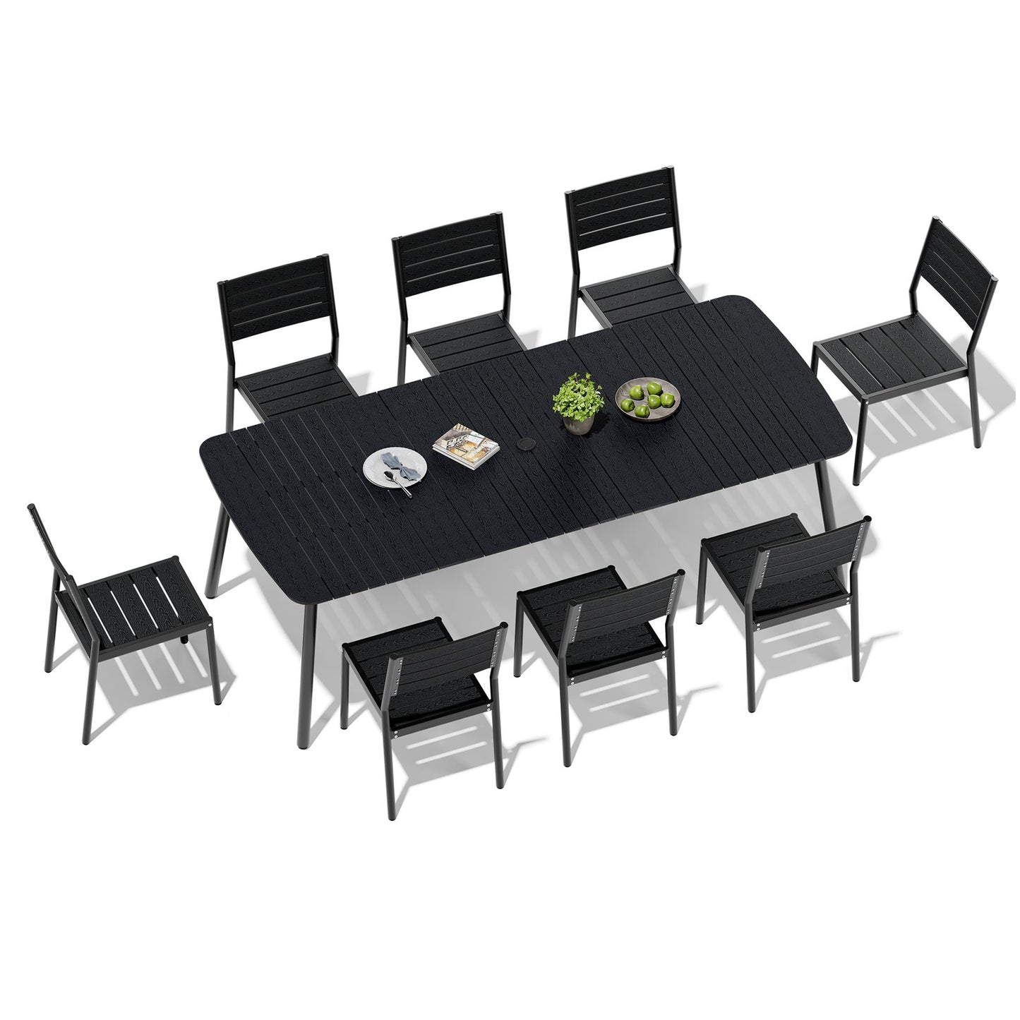 Crestlive Products Aluminum Patio Dining Set with Slat Rectangle Table, Umbrella Hole, and Stacking Chairs
