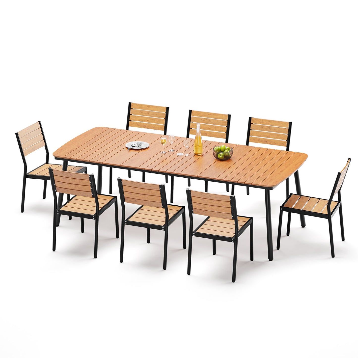 Crestlive Products Aluminum Patio Dining Set with Slat Rectangle Table, Umbrella Hole, and Stacking Chairs