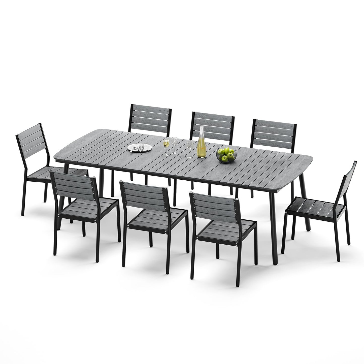 Crestlive Products Aluminum Patio Dining Set with Slat Rectangle Table, Umbrella Hole, and Stacking Chairs