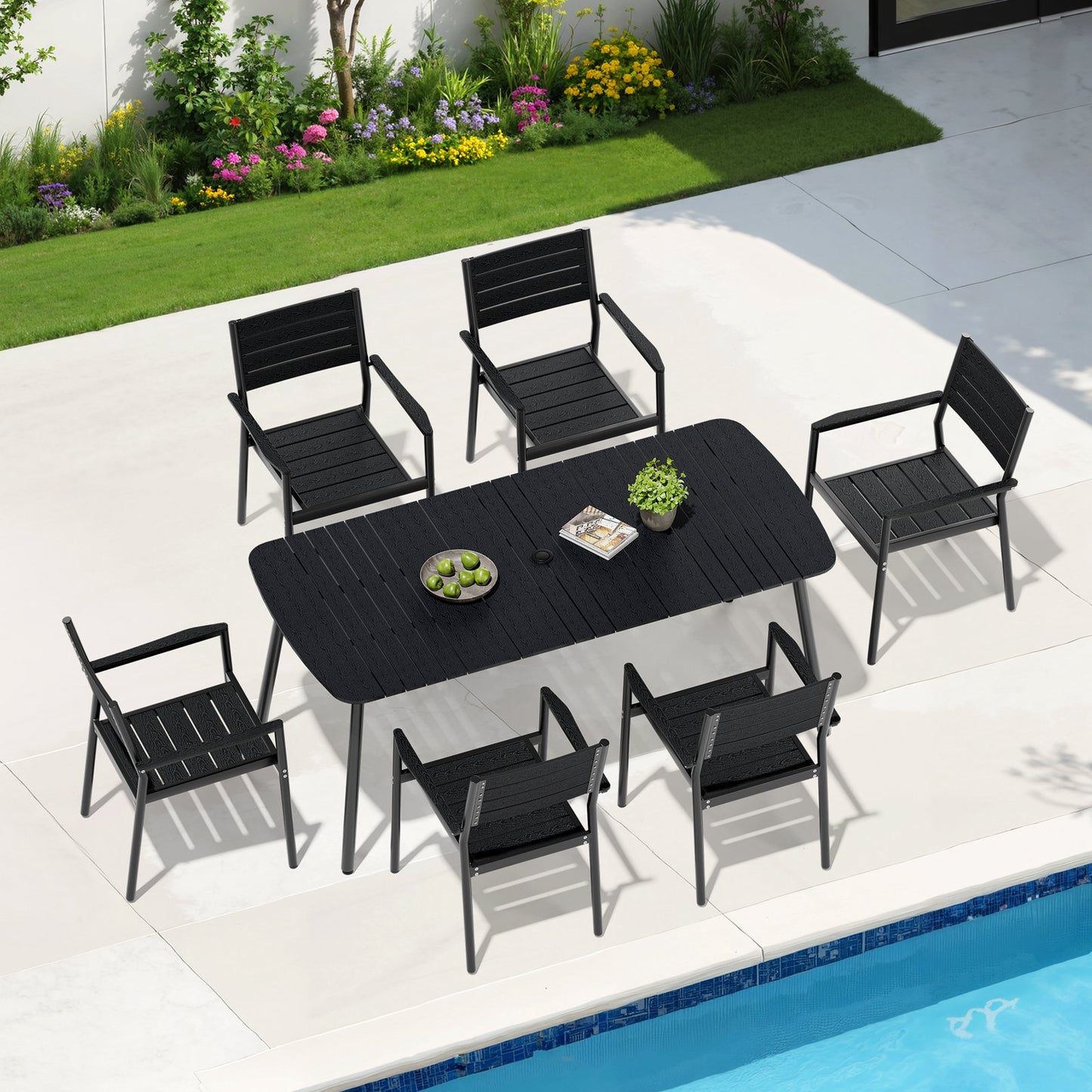 Crestlive Products Outdoor Patio Dining Table Set with Aluminum Frame and Stackable Rectangle Chairs