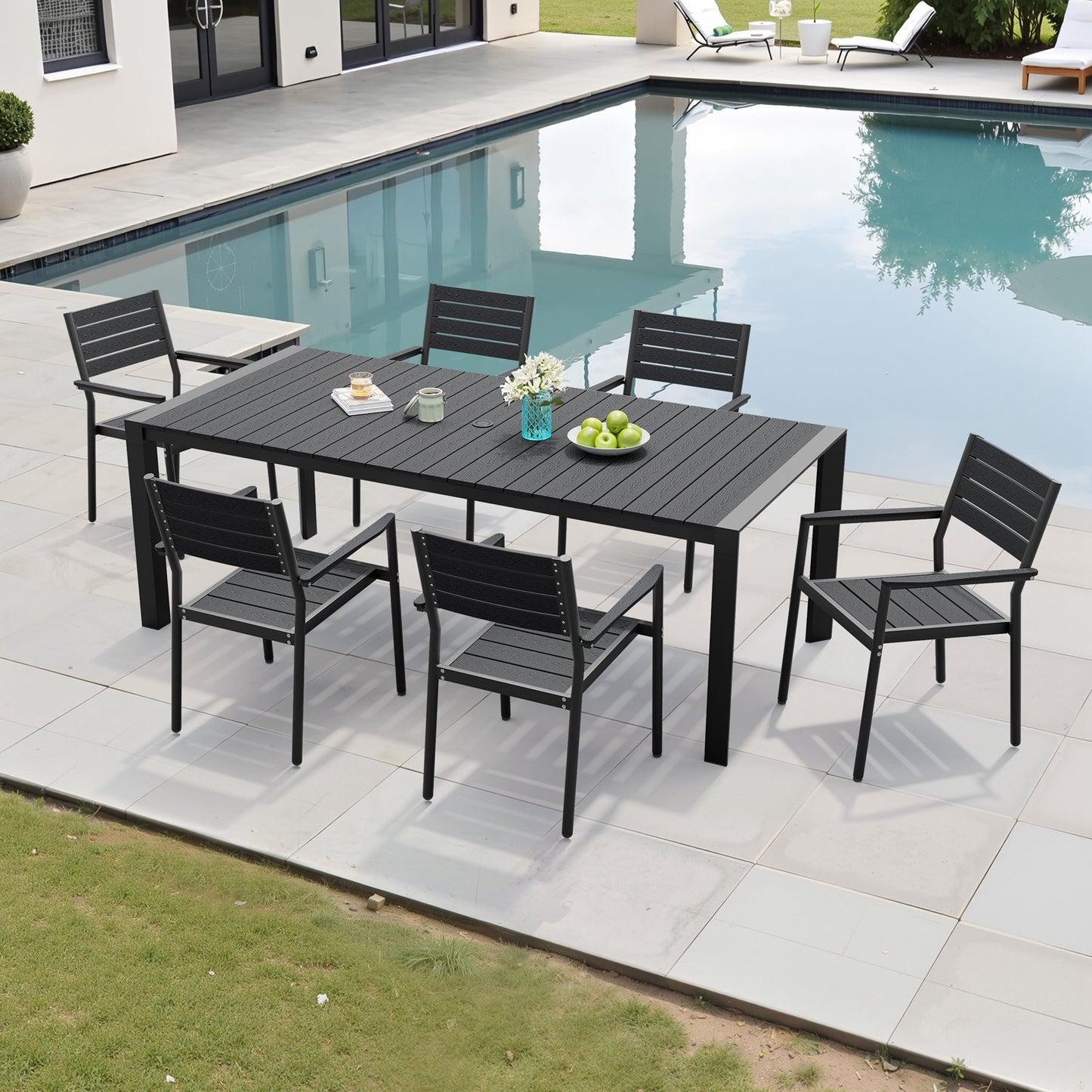 Crestlive Products 7-Piece Outdoor Patio Dining Set with Rectangle Table, Umbrella Hole, and Stackable Chairs