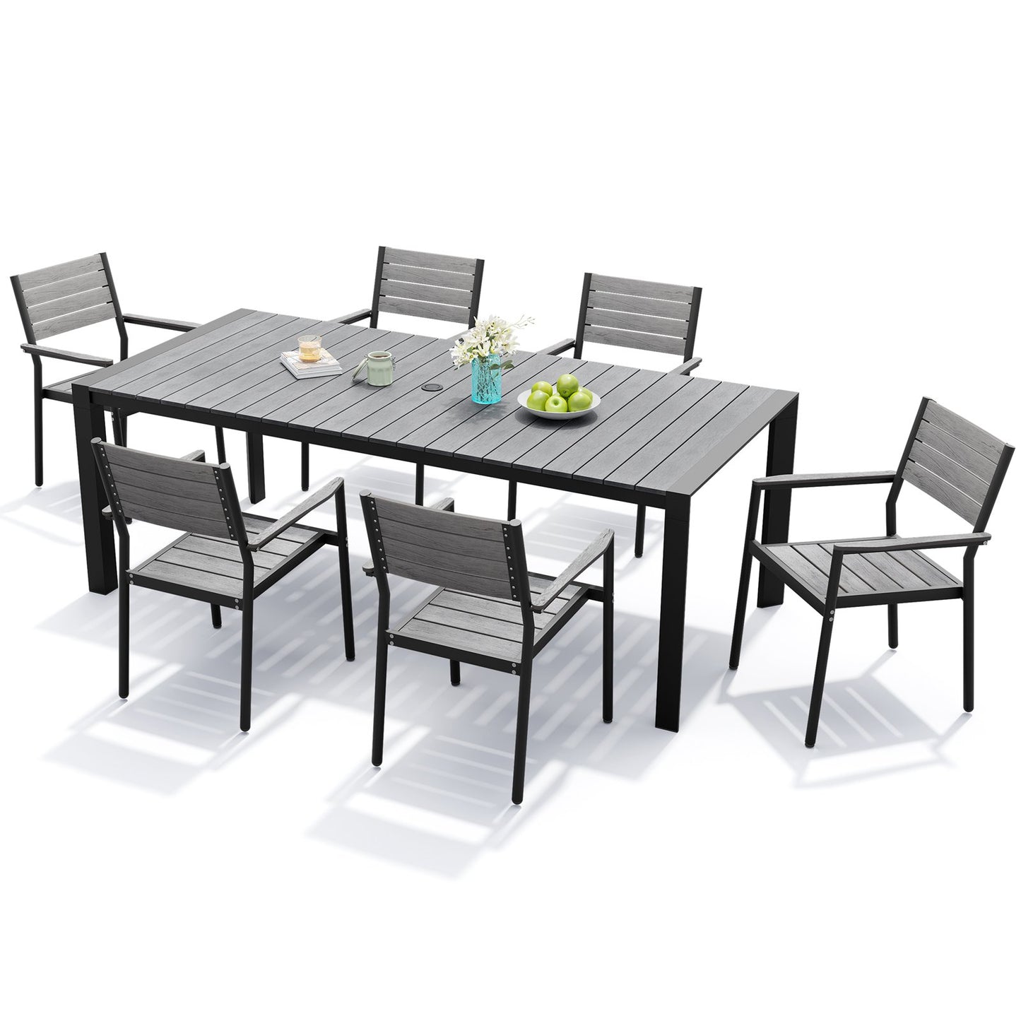 Crestlive Products 7-Piece Outdoor Patio Dining Set with Rectangle Table, Umbrella Hole, and Stackable Chairs