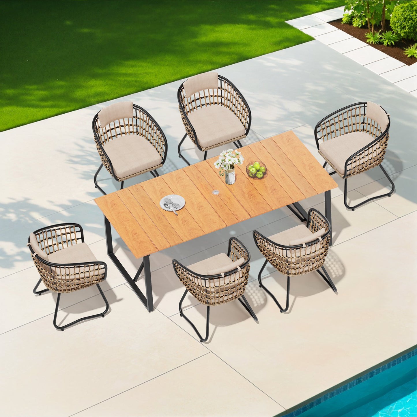 Crestlive Products Outdoor Aluminum Rectangular Dining Table with PE Rattan Chairs