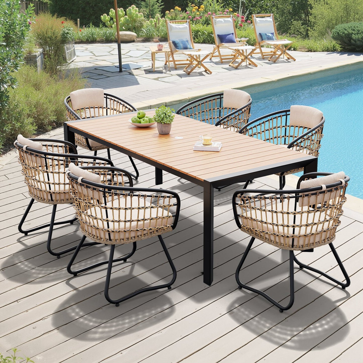 Crestlive Products Outdoor Patio Dining Set Aluminum Table with Umbrella Hole and Rattan Chairs