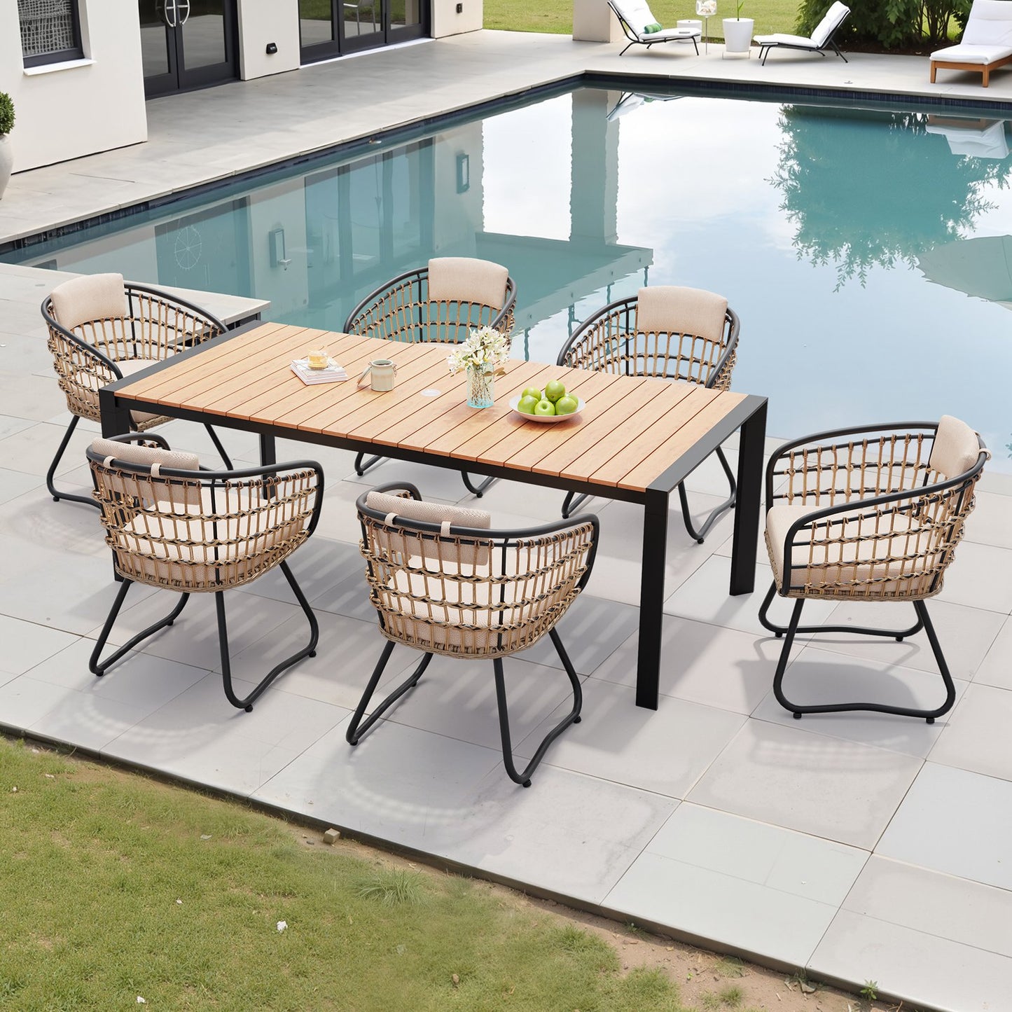 Crestlive Products Outdoor Patio Dining Set Aluminum Table with Umbrella Hole and Rattan Chairs