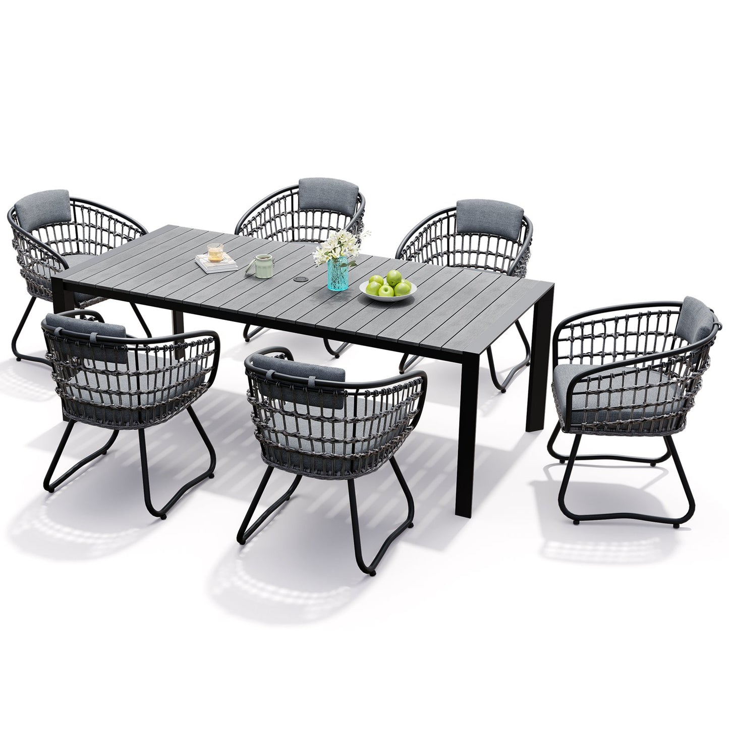 Crestlive Products Outdoor Patio Dining Set Aluminum Table with Umbrella Hole and Rattan Chairs