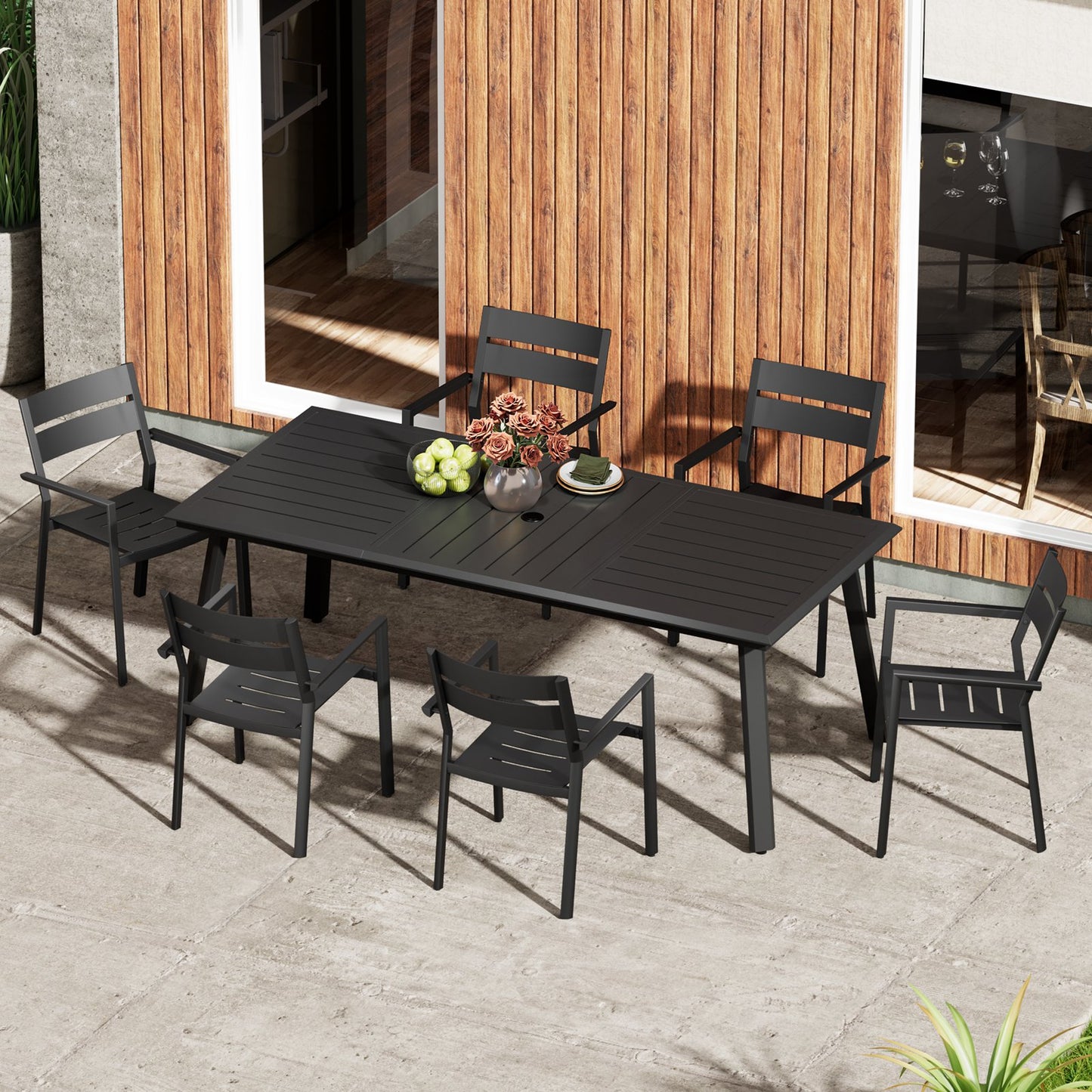 Crestlive Products Outdoor Aluminum Dining Table with Umbrella Hole for 6-8 People