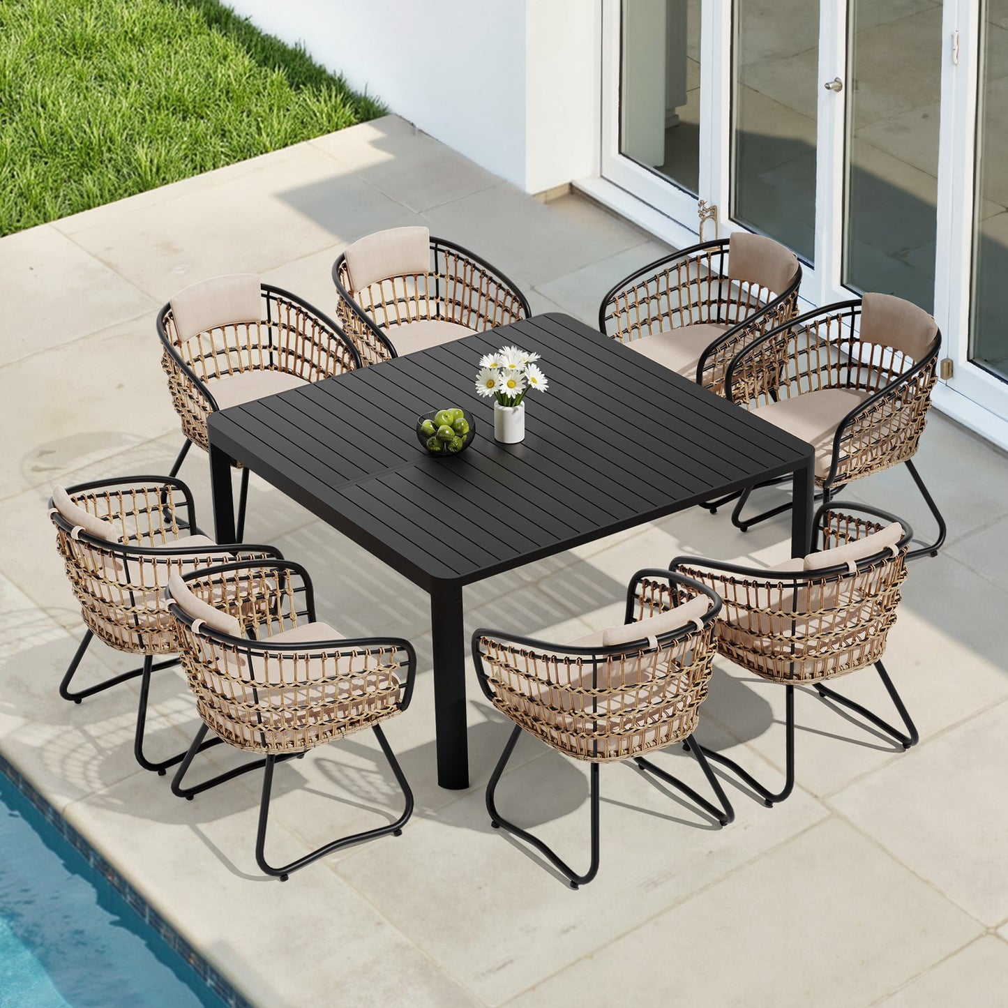Crestlive Products Patio Aluminum Extension Dining Table Set with Rattan Chairs