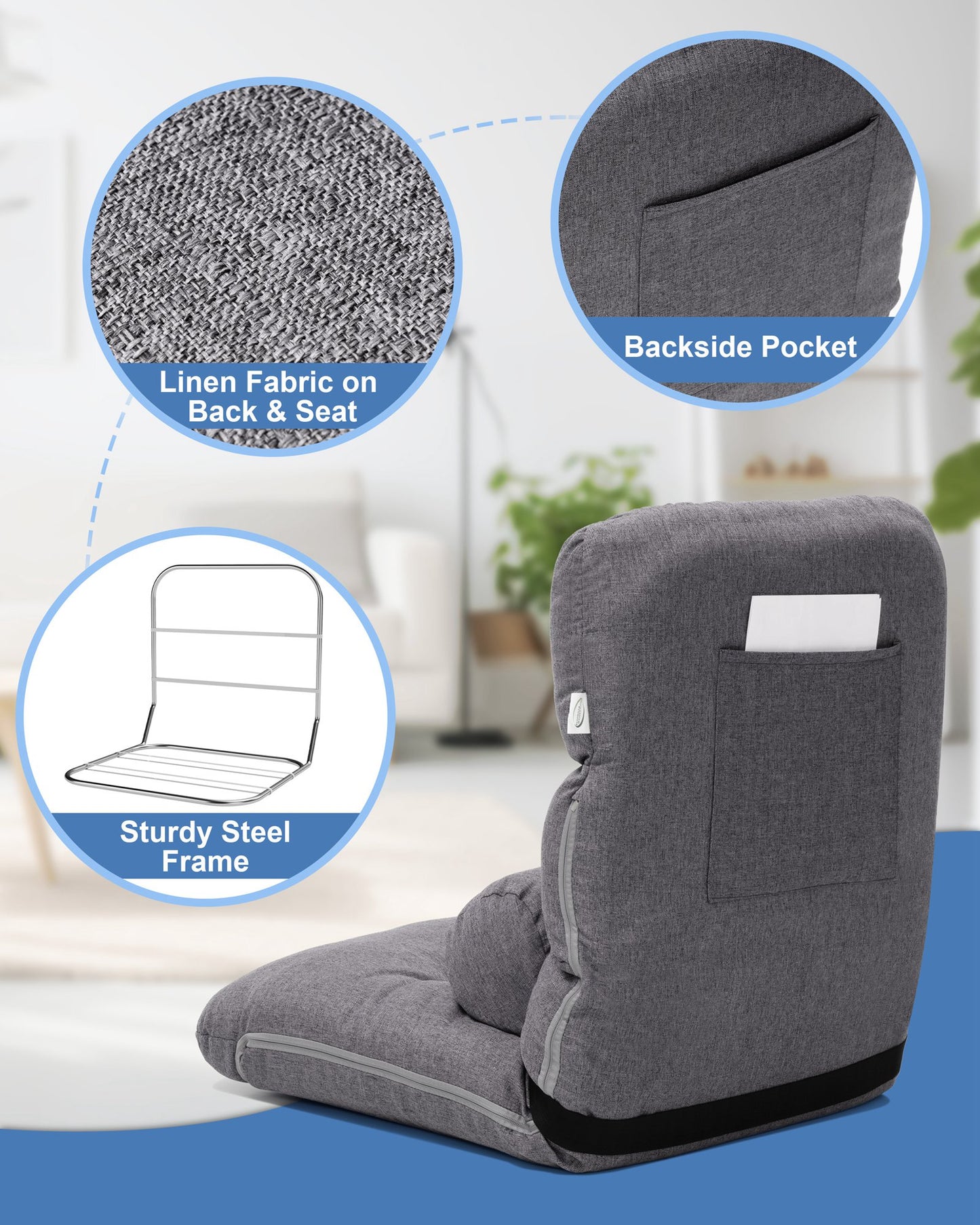 Crestlive Products Linen Adjustable Folding Floor Chair with Padded Cushion