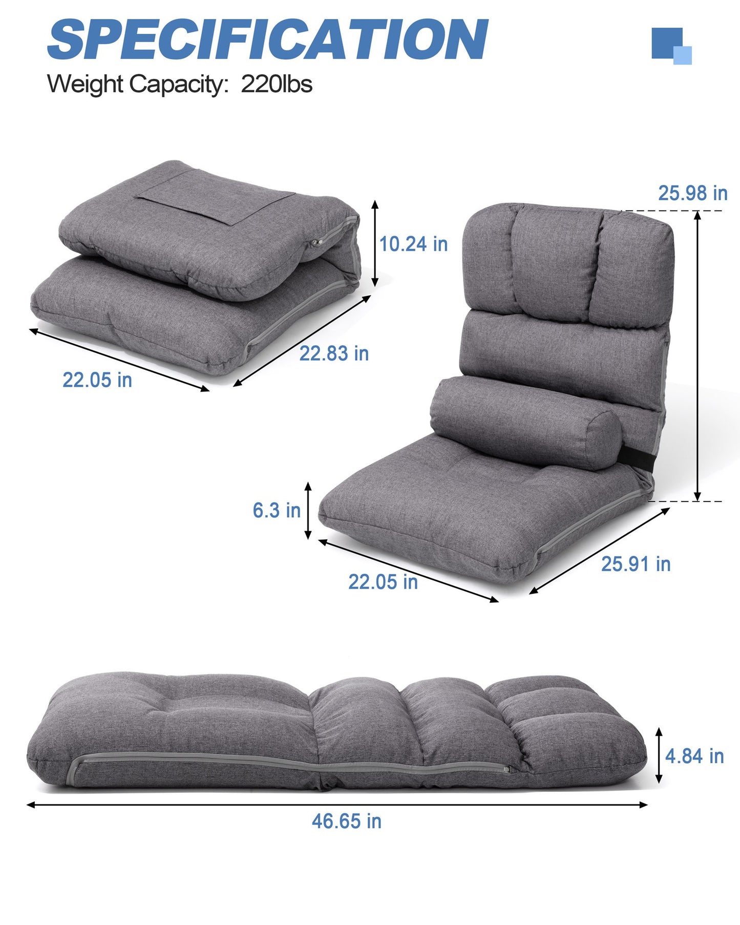 Crestlive Products Linen Adjustable Folding Floor Chair with Padded Cushion