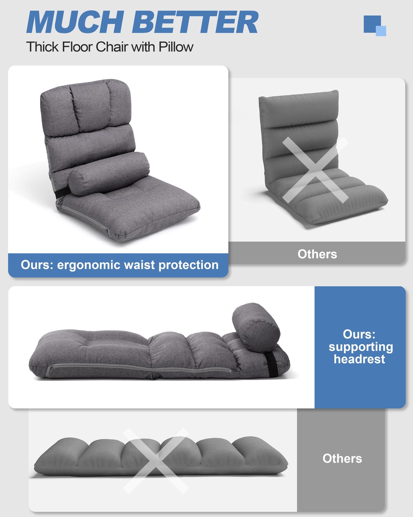 Crestlive Products Linen Adjustable Folding Floor Chair with Padded Cushion