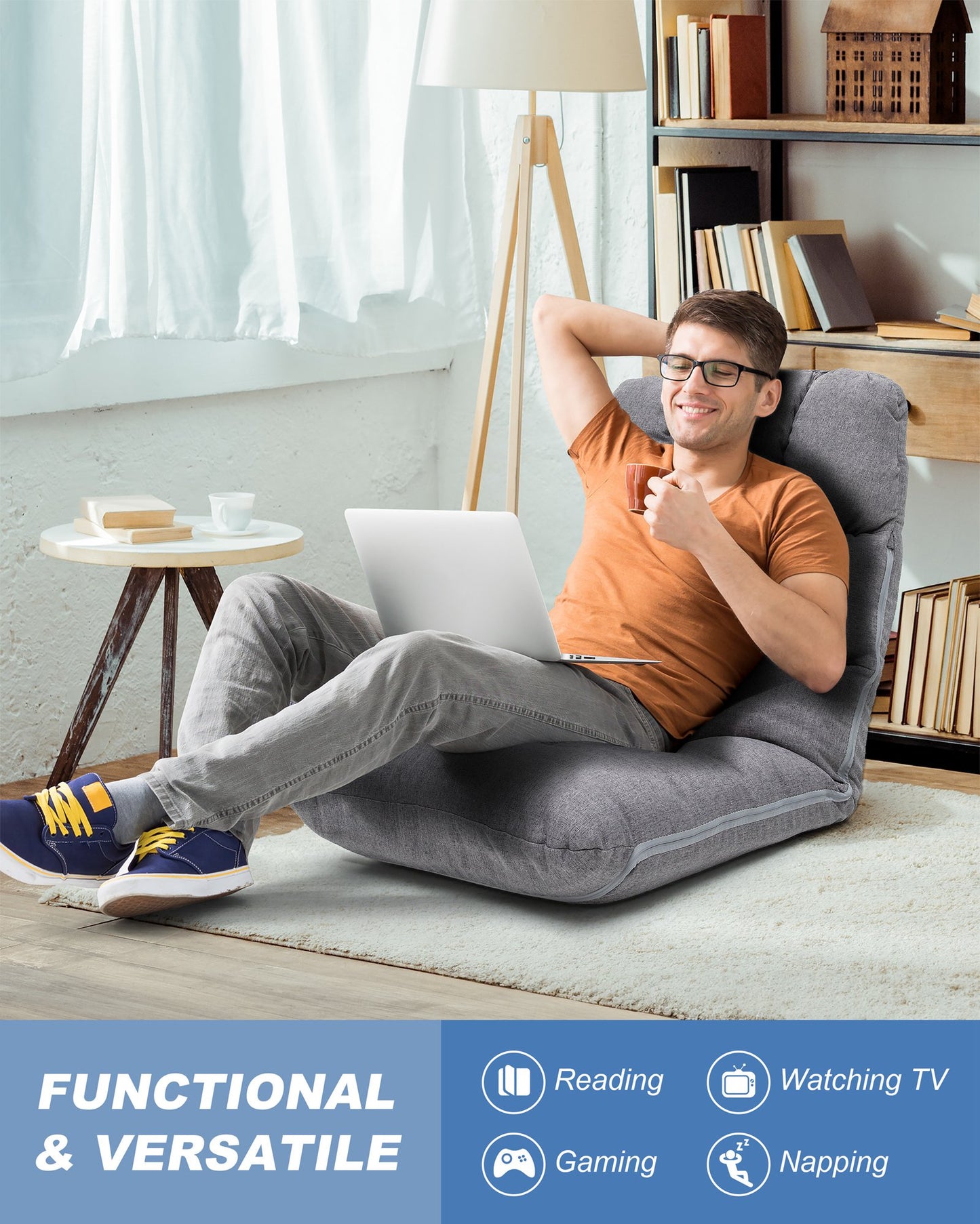 Crestlive Products Linen Adjustable Folding Floor Chair with Padded Cushion