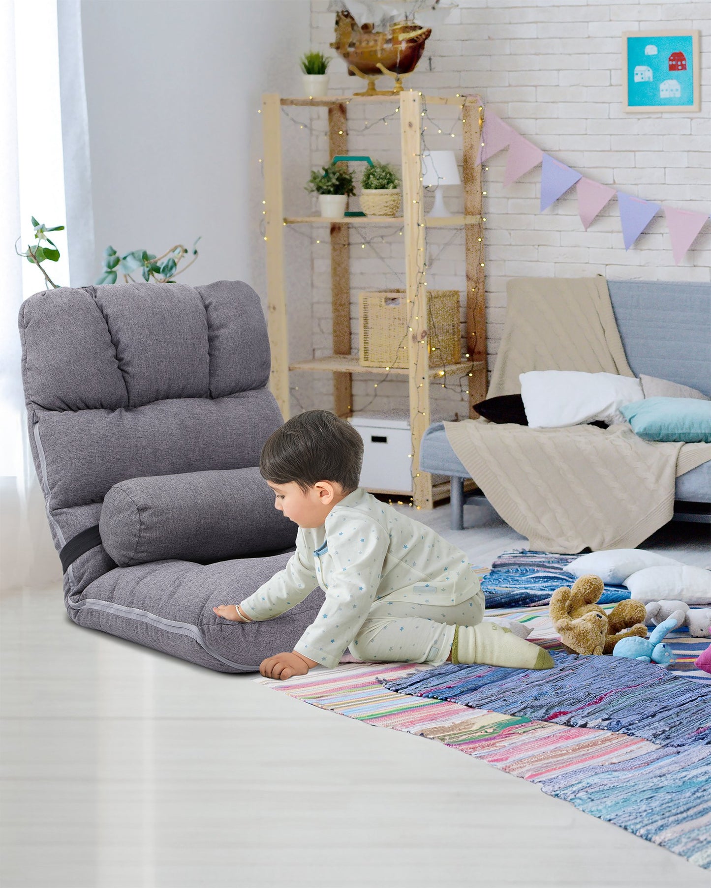 Crestlive Products Linen Adjustable Folding Floor Chair with Padded Cushion