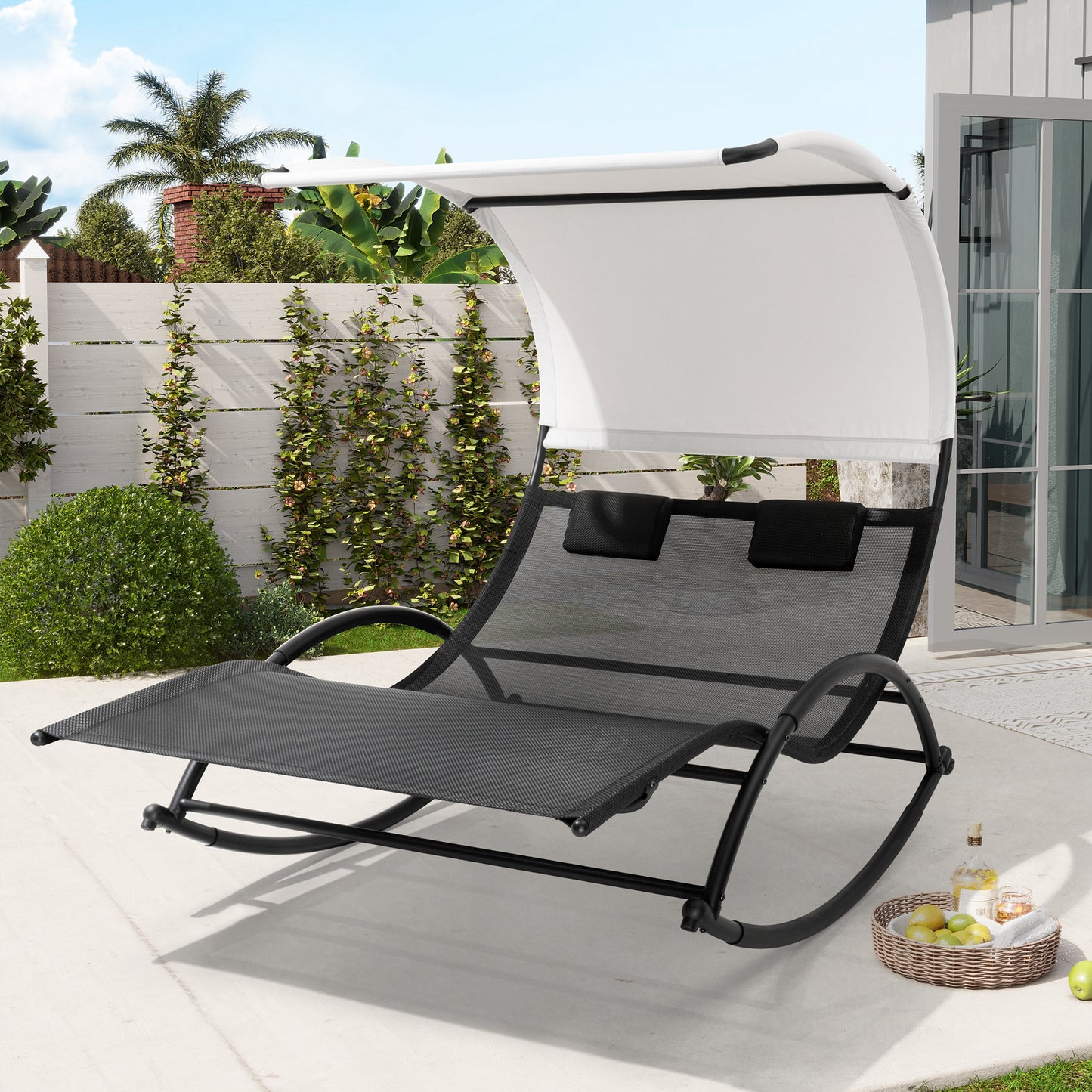 Crestlive Products Aluminum Outdoor Double Chaise Lounge Chair with Canopy and Wheels