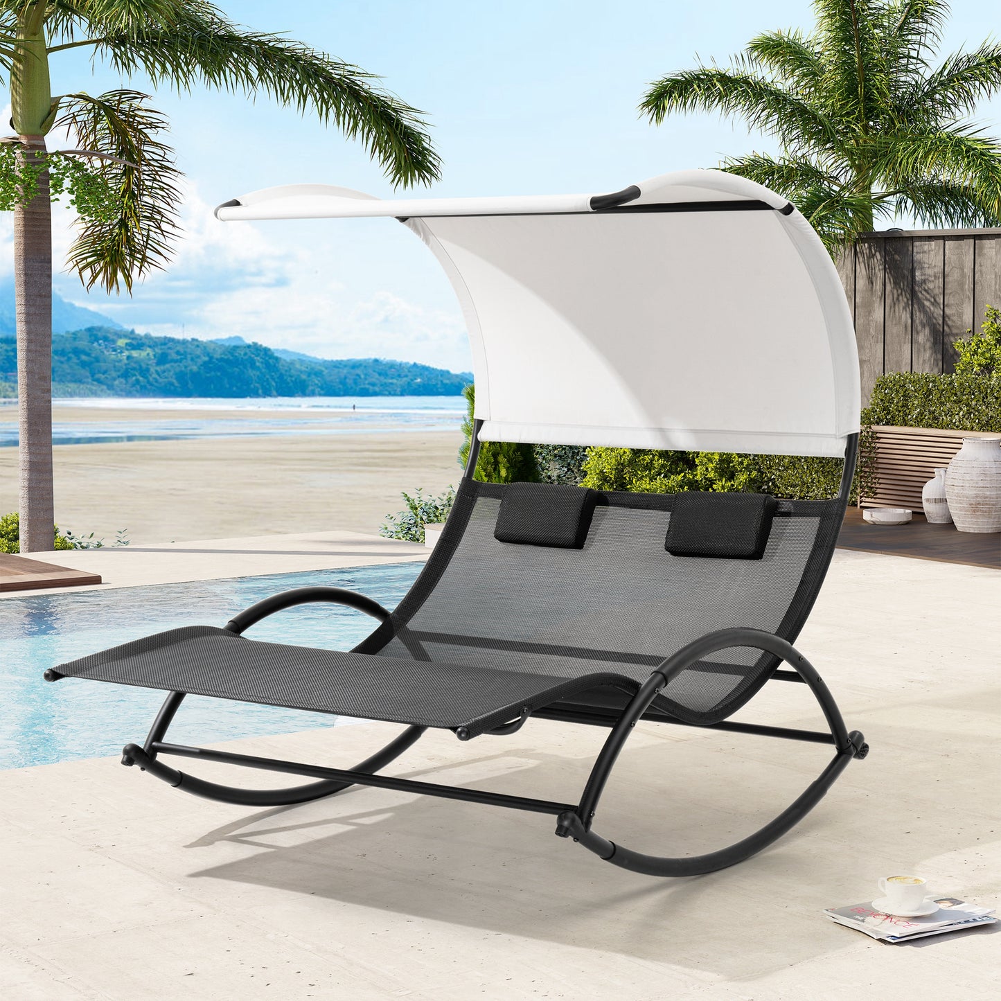 Crestlive Products Aluminum Outdoor Double Chaise Lounge Chair with Canopy and Wheels