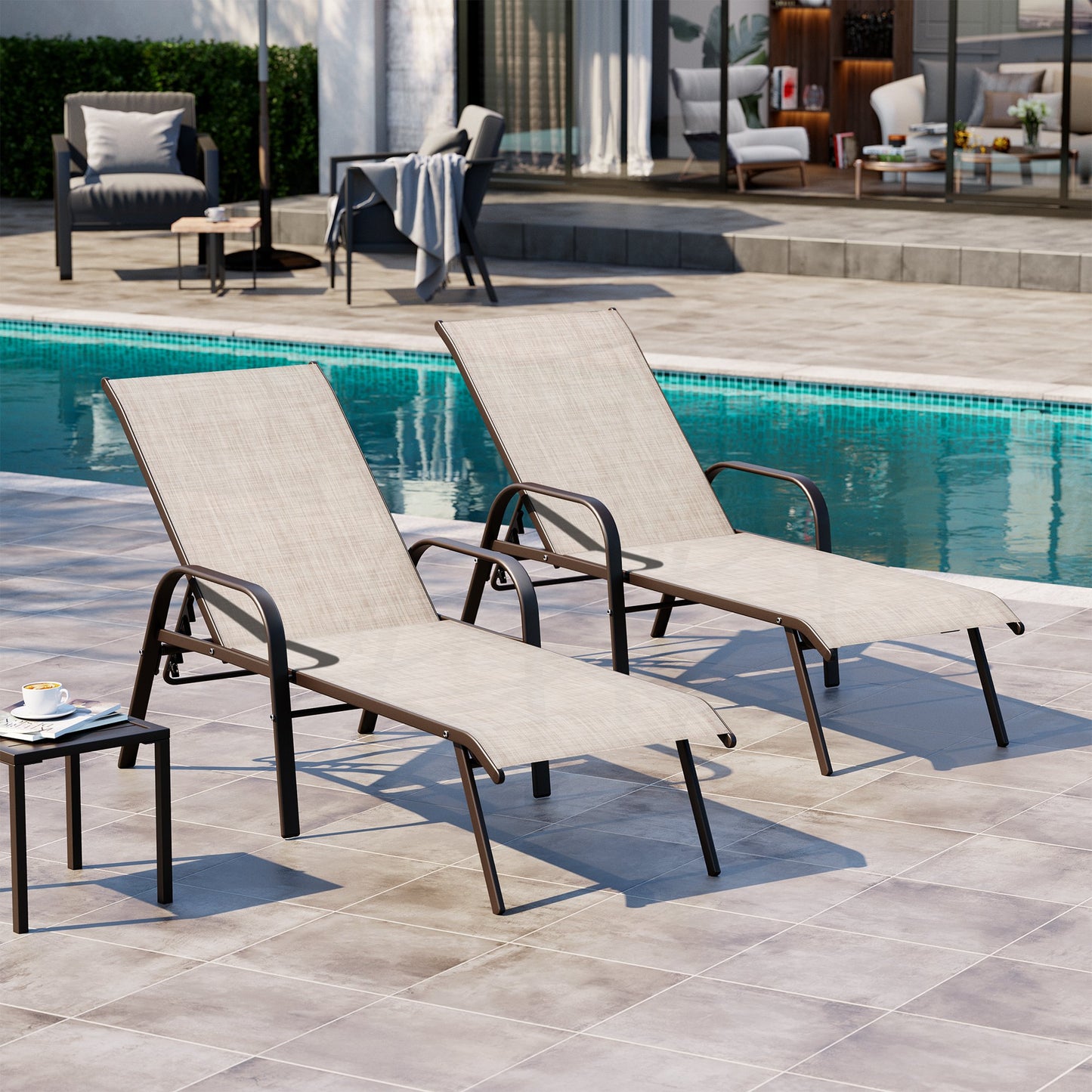 Crestlive Products 2PCS Outdoor Adjustable Chaise Lounge Chair in Beige