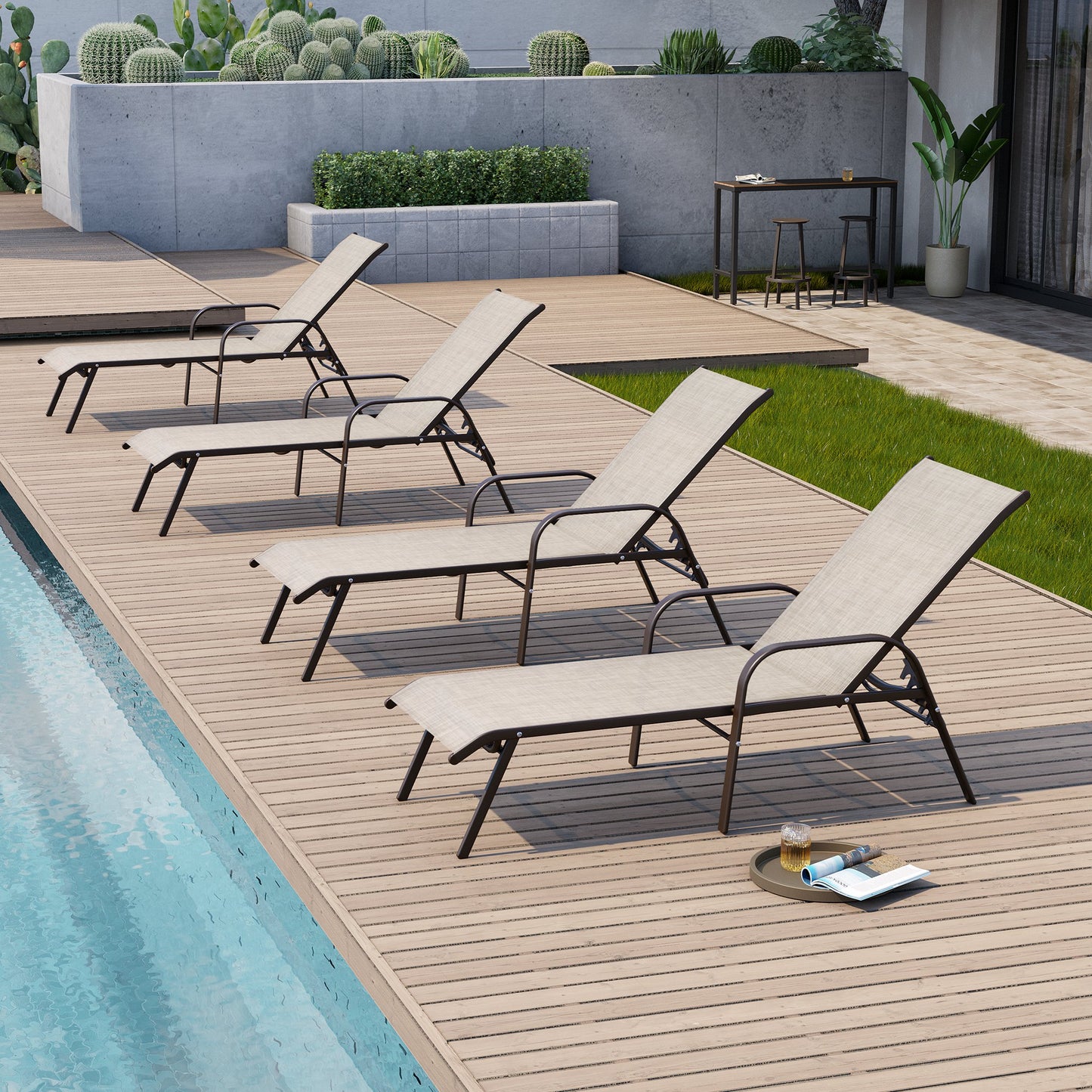 Crestlive Products 2PCS Outdoor Adjustable Chaise Lounge Chair in Beige