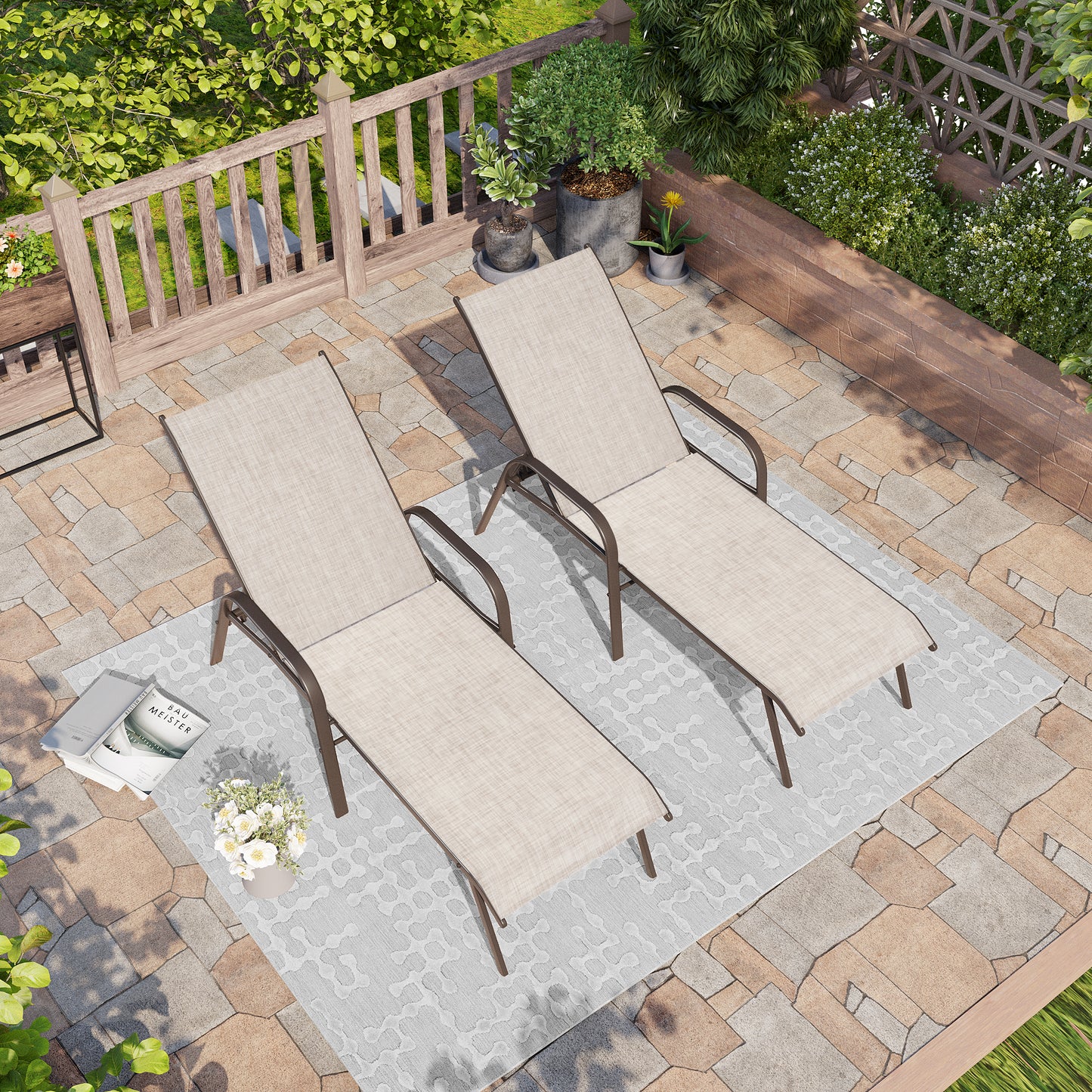 Crestlive Products 2PCS Outdoor Adjustable Chaise Lounge Chair in Beige
